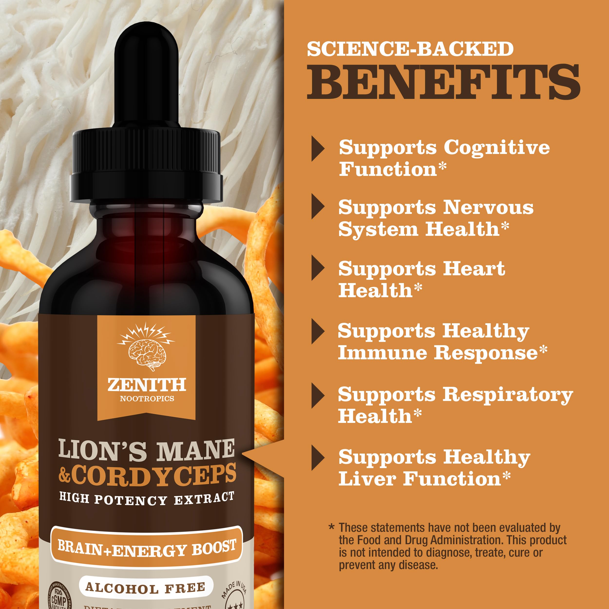 Zenith Nootropics Lion’s Mane & Cordyceps Supplement – Brain & Energy Support – Focus, Memory, Clarity, Immunity – Vegan, Alcohol-Free Tincture – Up-to 2-Month Supply, 2 fl oz Zenith Nootropics uk supplements