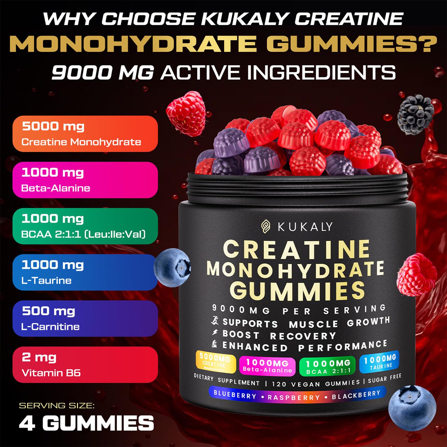 kukaly Creatine Monohydrate Gummies for Men & Women, 9000MG Creatine Gummies Sugar Free - Mixed Flavored with L-Taurine, BCAA 2:1, B12 B6 for Boost Strength, Focus & Endurance, Vegan, Non-GMO, 120pcs kukaly uk supplements