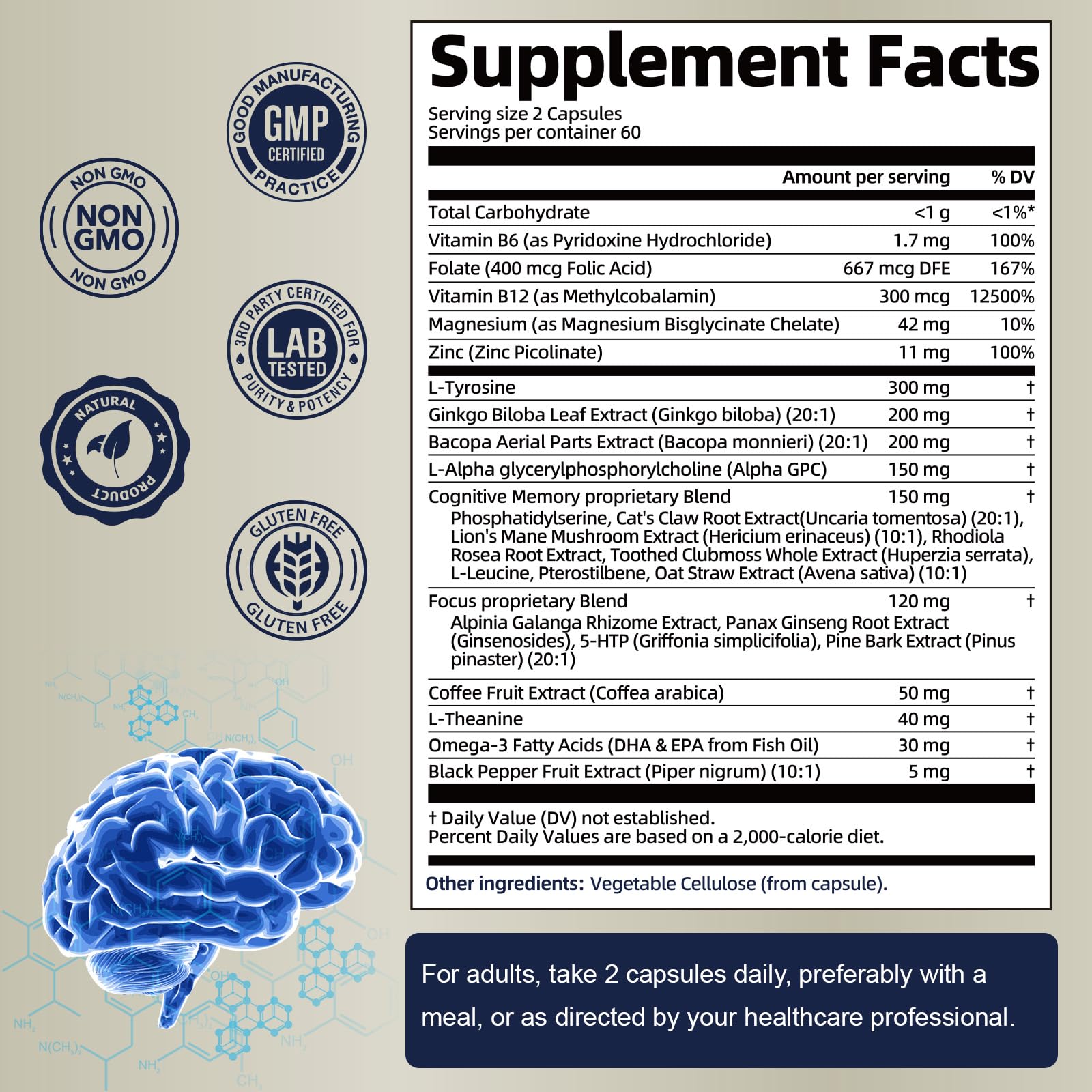 25 in 1 Brain Supplements for Memory and Focus & Neuro Health - Daily Brain Nootropic Cognitive Supplement with L-Tyrosine, Bacopa Monnieri, Ginkgo Biloba, Alpha GPC - Non-GMO, Gluten Free Totaria uk supplements