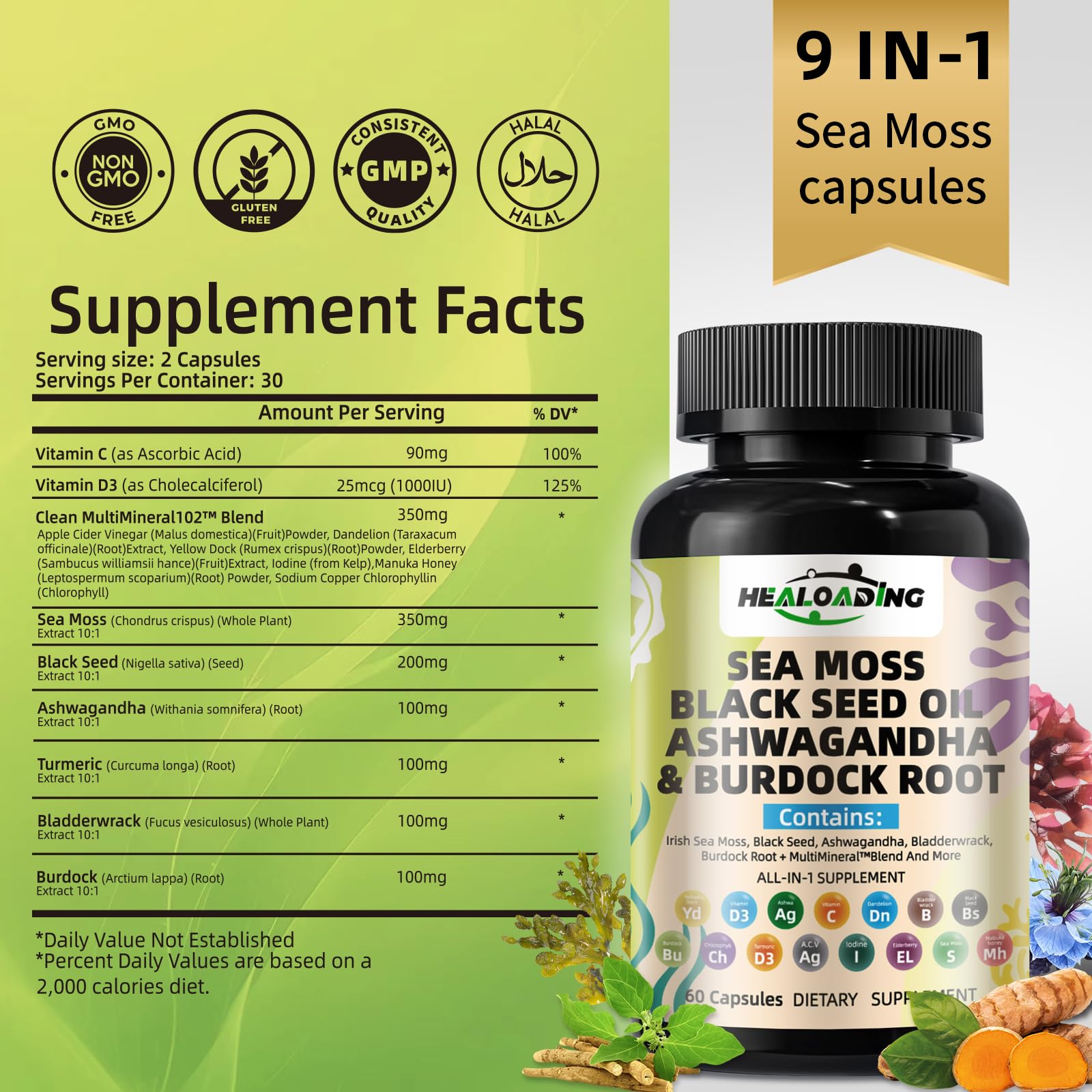 HEALOADING Sea Moss Capsules：Wildcrafted Organic Irish Seamoss & Bladderwack - Rich in Minerals, Supports Thyroid Health, Digestion, Skin & Immune System - Vegan, Non-GMO HEALOADING uk supplements