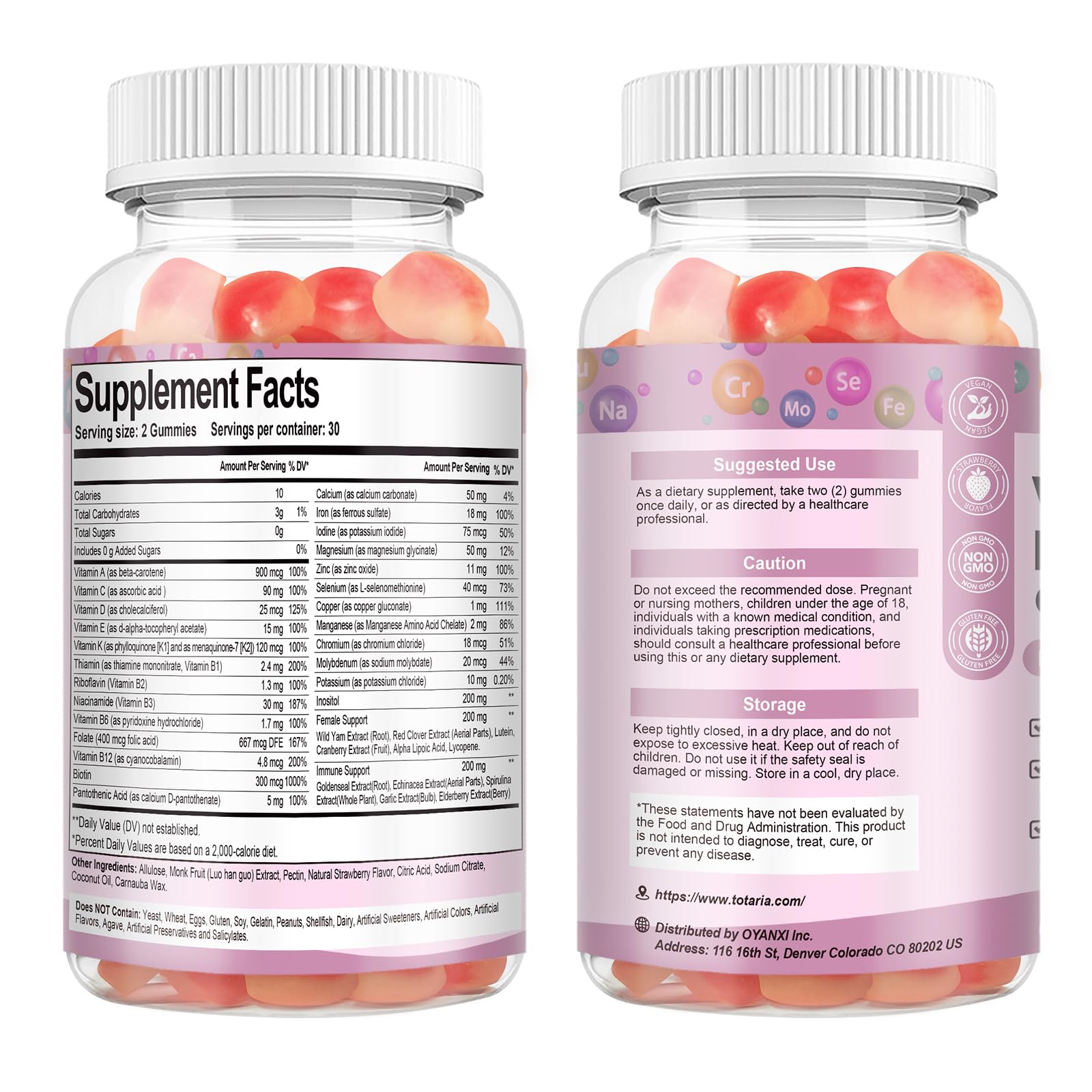 Totaria Sugar Free Multivitamin Gummies for Women 14+ w/Iron, Inositol, Folate, Biotin, Womens Daily Multivitamin Gummy w/Vitamin A, C, B, D3, K2 Totaria uk supplements