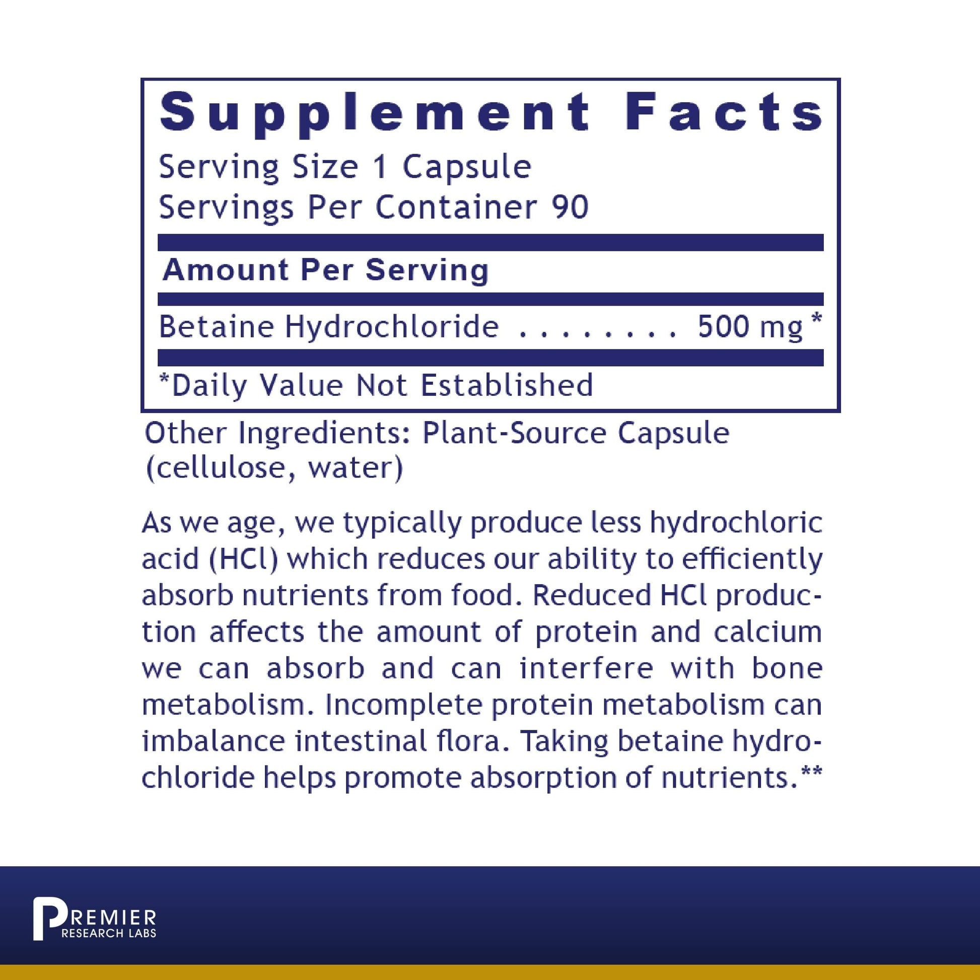 Premier Research Labs Premier HCL - Betaine HCL, Betaine Hydrochloride Supplement for Optimal Digestive Function, Nutrient Absorption, Betaine-HCL for Low Stomach Acid- 90 Vegetarian Capsules Premier Research Labs uk supplements