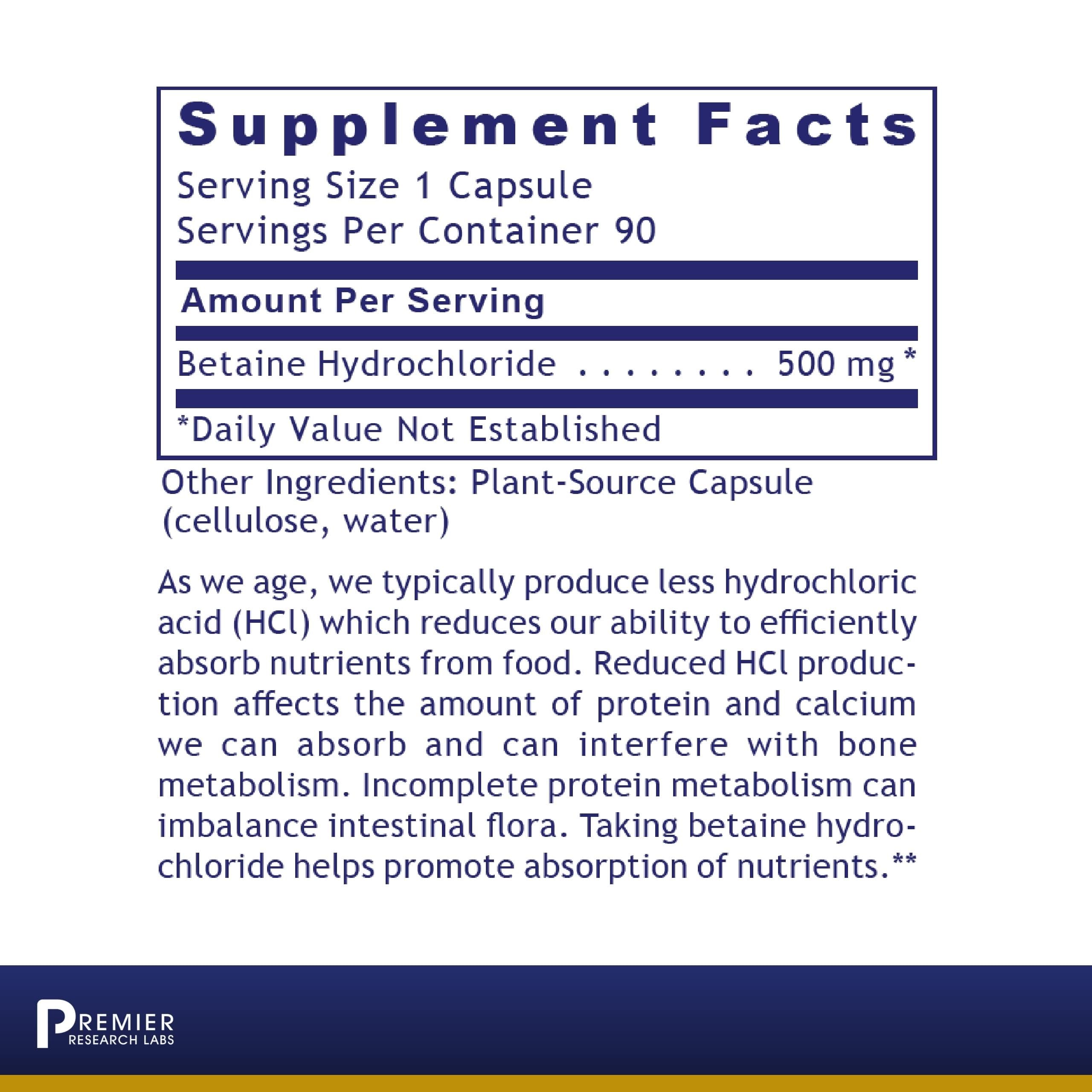 Premier Research Labs Premier HCL - Betaine HCL, Betaine Hydrochloride Supplement for Optimal Digestive Function, Nutrient Absorption, Betaine-HCL for Low Stomach Acid- 90 Vegetarian Capsules Premier Research Labs uk supplements
