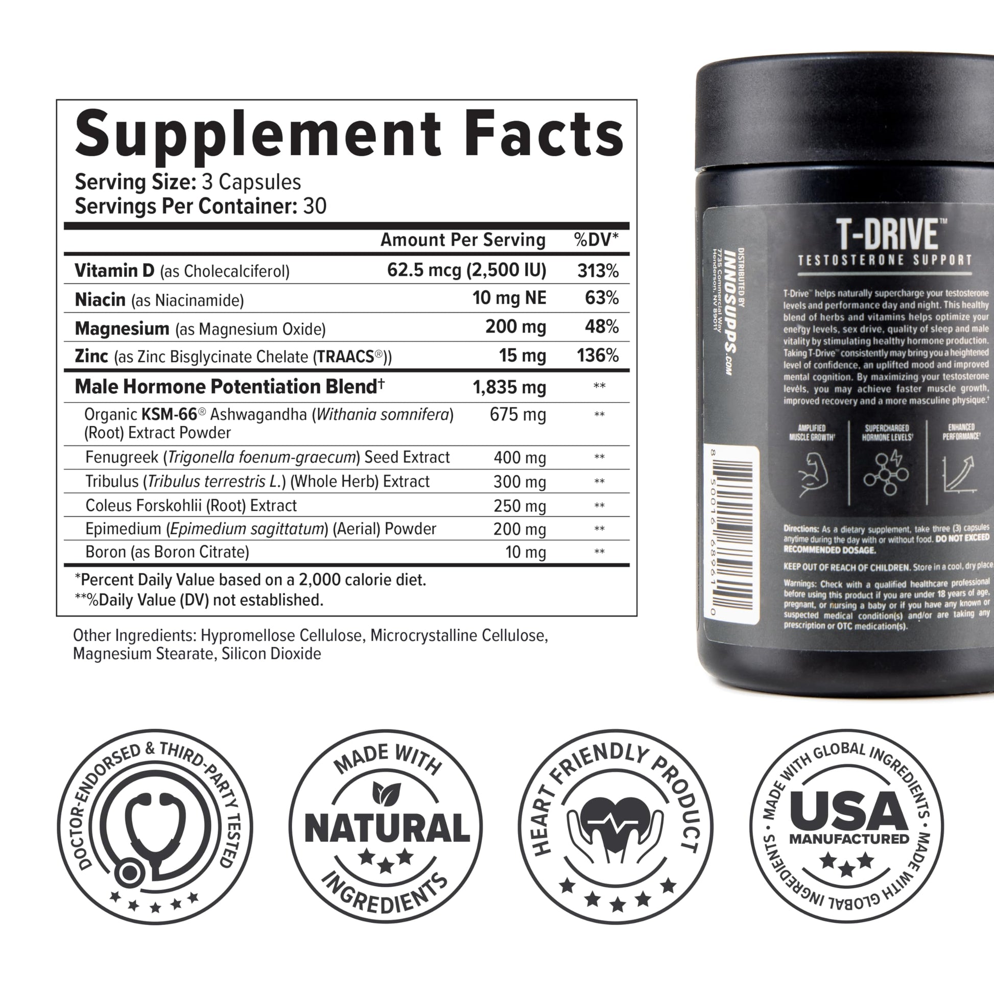 InnoSupps T-Drive Testosterone Booster Enhance Performance Amplify Muscle Growth, Increase Libido & Energy Levels w/KSM-66 Ashwagandha, Magnesium, Vitamin D, Niacin Boron, Fenugreek, 90 Caps, 30 Days InnoSupps uk supplements
