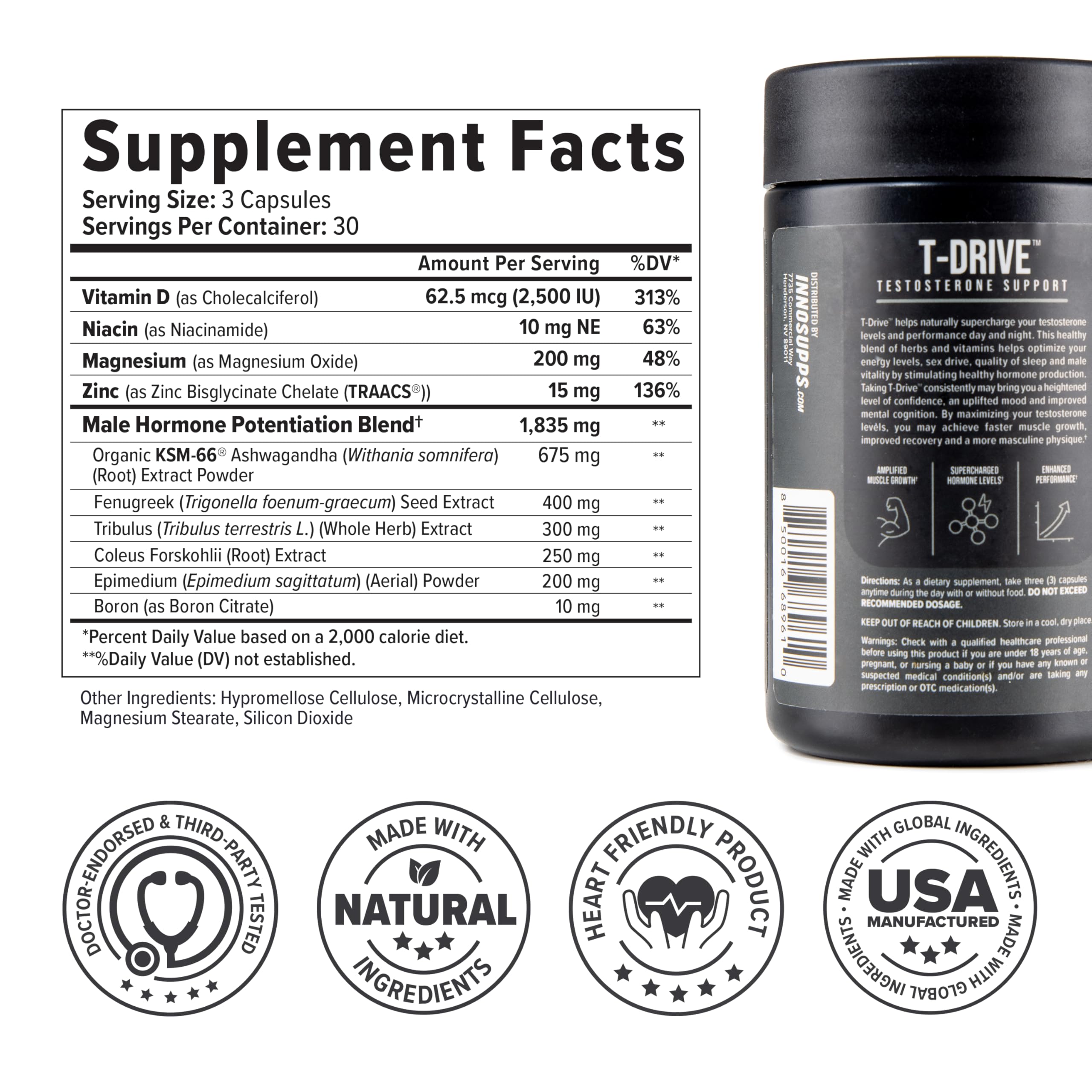 InnoSupps T-Drive Testosterone Booster Enhance Performance Amplify Muscle Growth, Increase Libido & Energy Levels w/KSM-66 Ashwagandha, Magnesium, Vitamin D, Niacin Boron, Fenugreek, 90 Caps, 30 Days InnoSupps uk supplements