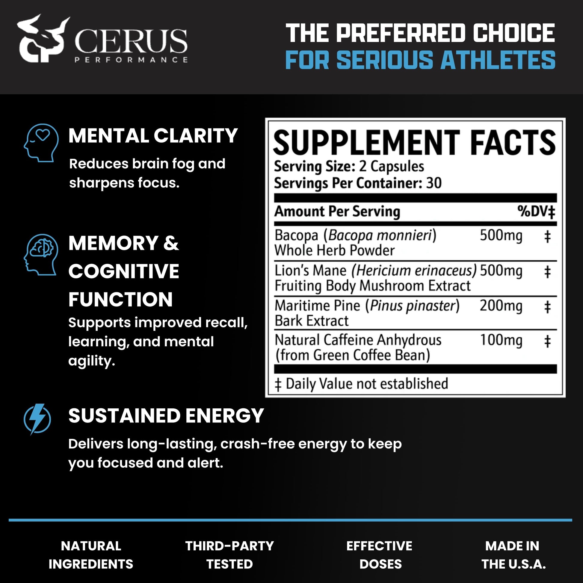Cerus Performance Focus Nootropic Supplement - Enhances Mental Clarity, Boosts Memory & Cognitive Function, Improves Alertness - Ideal for Athletes & Fitness Enthusiasts - 60 Capsules Cerus uk supplements
