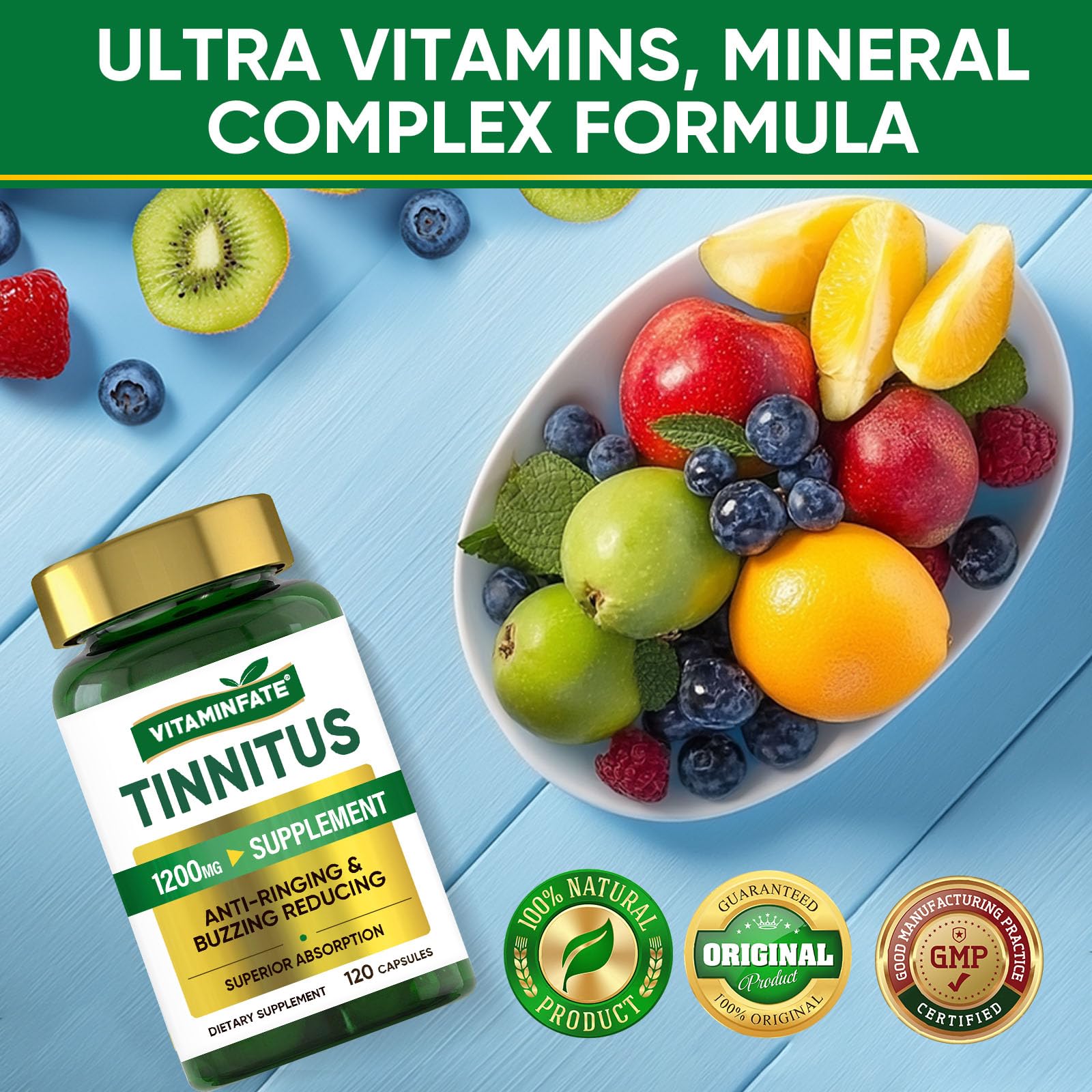 Tinnitus Relief for Ringing Ears 1200mg - 120 Capsules Advanced Ear Health Support Supplement | Supports Ear Health and Reduces Tinnitus Symptoms - Non-GMO & Vegan VITAMINFATE uk supplements