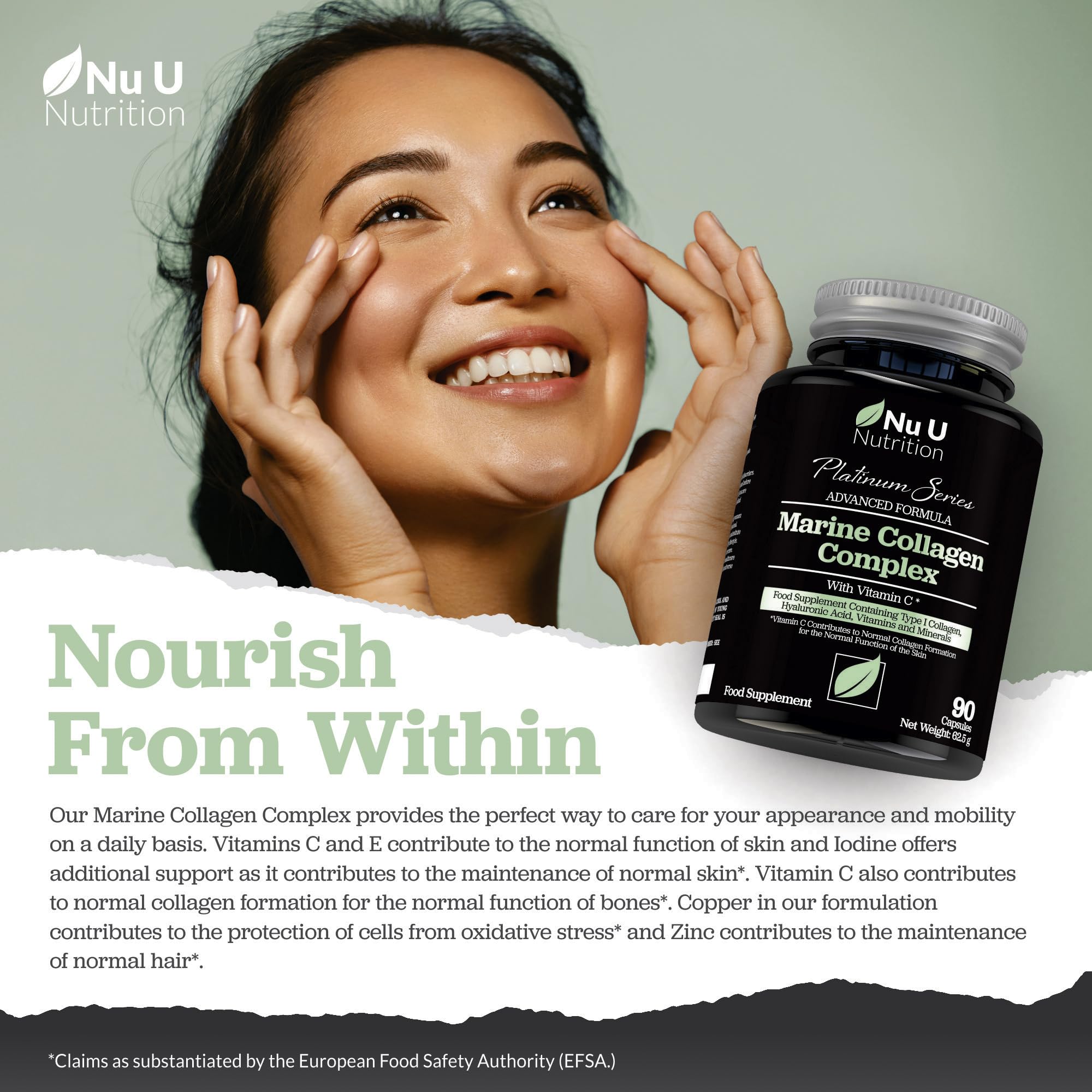 Marine Collagen with Hyaluronic Acid, Vitamin C - 90 Hydrolysed Capsules (not Tablets) - Premium High Strength Collagen Nu U Nutrition uk supplements