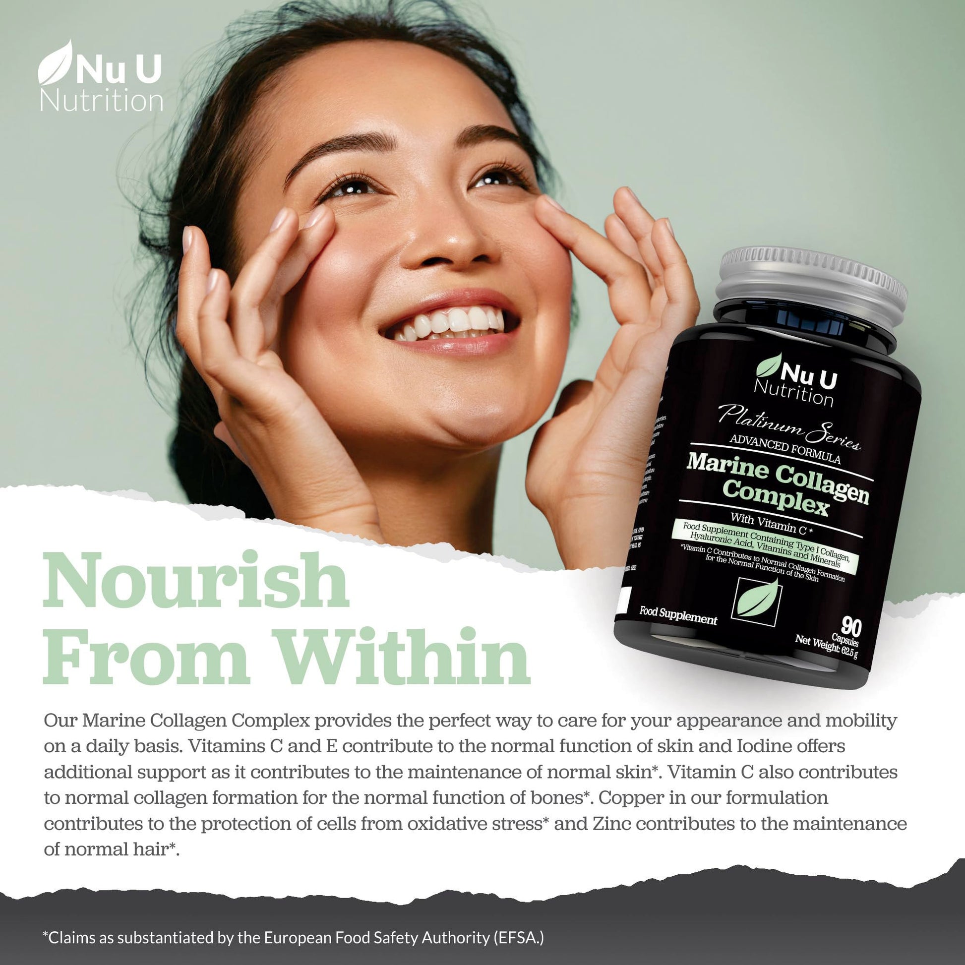 Marine Collagen with Hyaluronic Acid, Vitamin C - 90 Hydrolysed Capsules (not Tablets Nu U Nutrition uk supplements