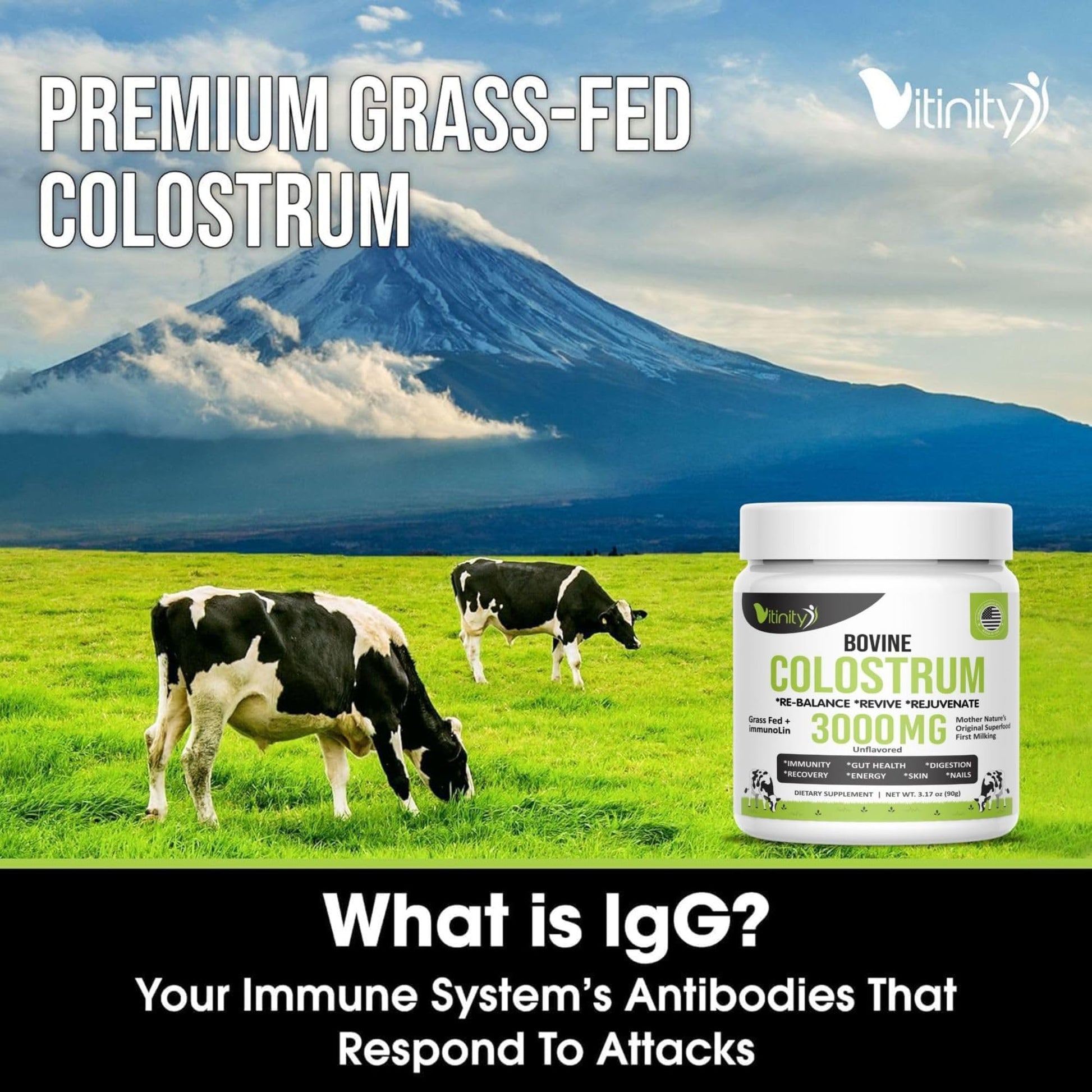 VITINITY Grass Fed Bovine Colostrum Powder for Humans 3000 mg - Natural IgG Colostrum Supplement Gut Health, Immune Support, Muscle Recovery, Wellness | Pure Colostrum Superfood,Unflavored 2 Pack VITINITY uk supplements