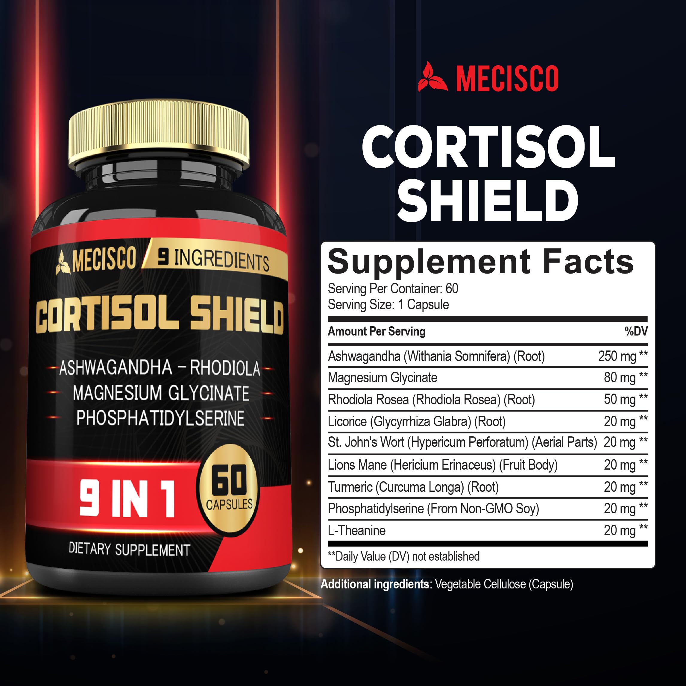 9in1 Cortisol Shield - Ashwagandha & Magnesium Glycinate, Rhodiola, Phosphatidylserine, L-Theanine, Licorice Root, St. John's Wort, Lions Mane - Mind & Mood, Restful Night Support - 60 Capsules Mecisco uk supplements