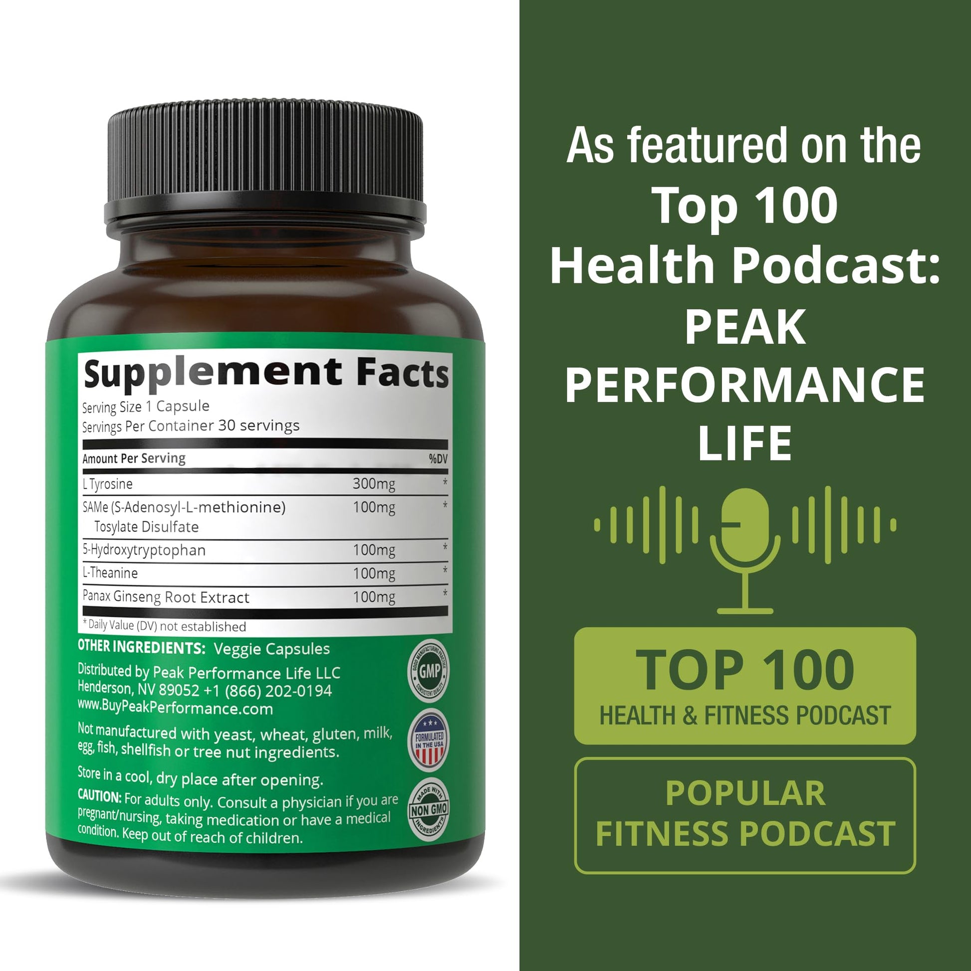 Peak Performance Mood Support Supplement with 5 Top Ingredients: 5HTP, SAM e, L Tyrosine, L Theanine, and Panax Ginseng. Calm, Focus, Relaxation Supplements. Vegan Peak Performance uk supplements