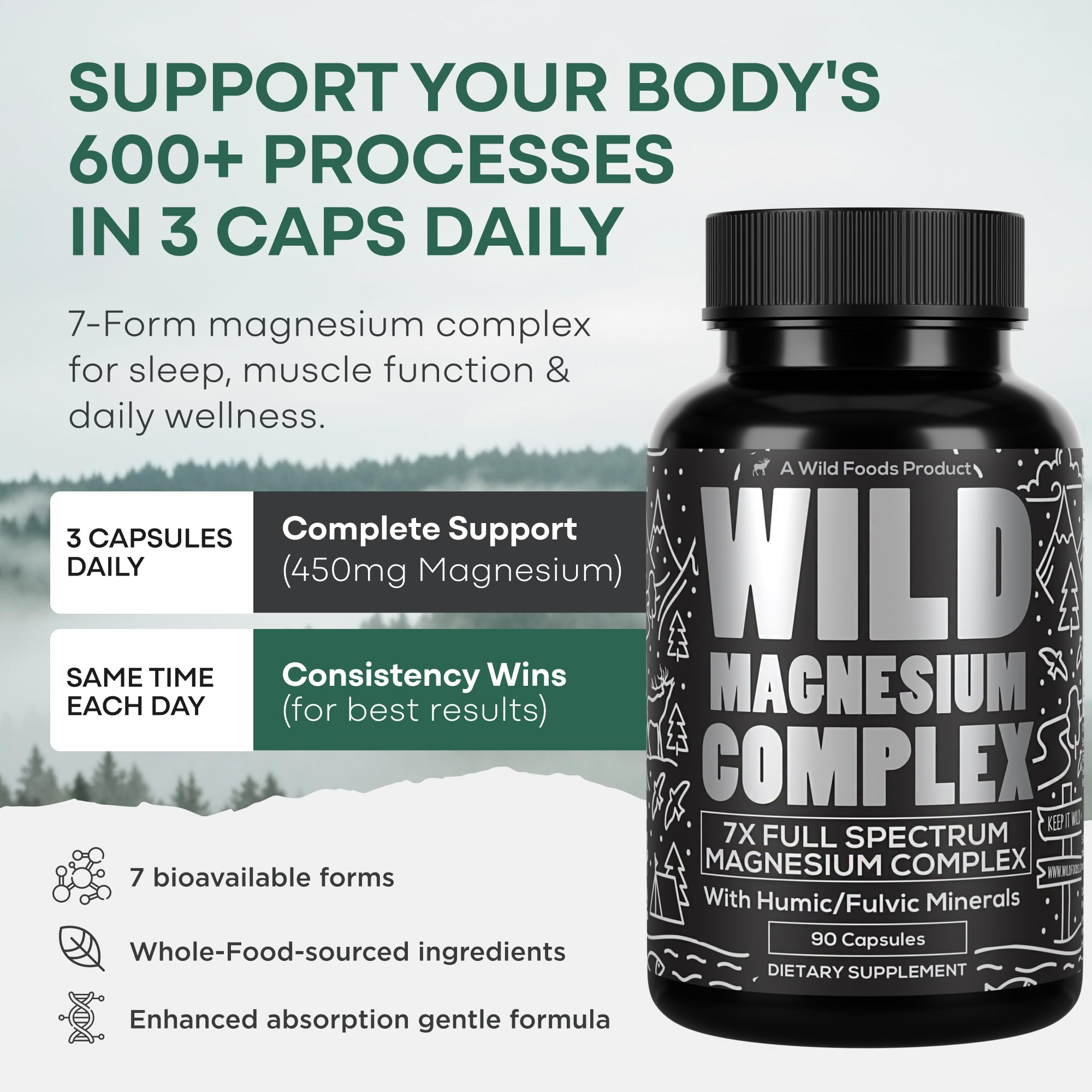 Wild Foods Magnesium Complex Supplement with 7X Forms, 90 Capsules | High Absorption, Full Spectrum, Easy Digestion | 500mg Glycinate, Bisglycinate, Malate, Orotate, Citrate, Taurate Wild Foods uk supplements