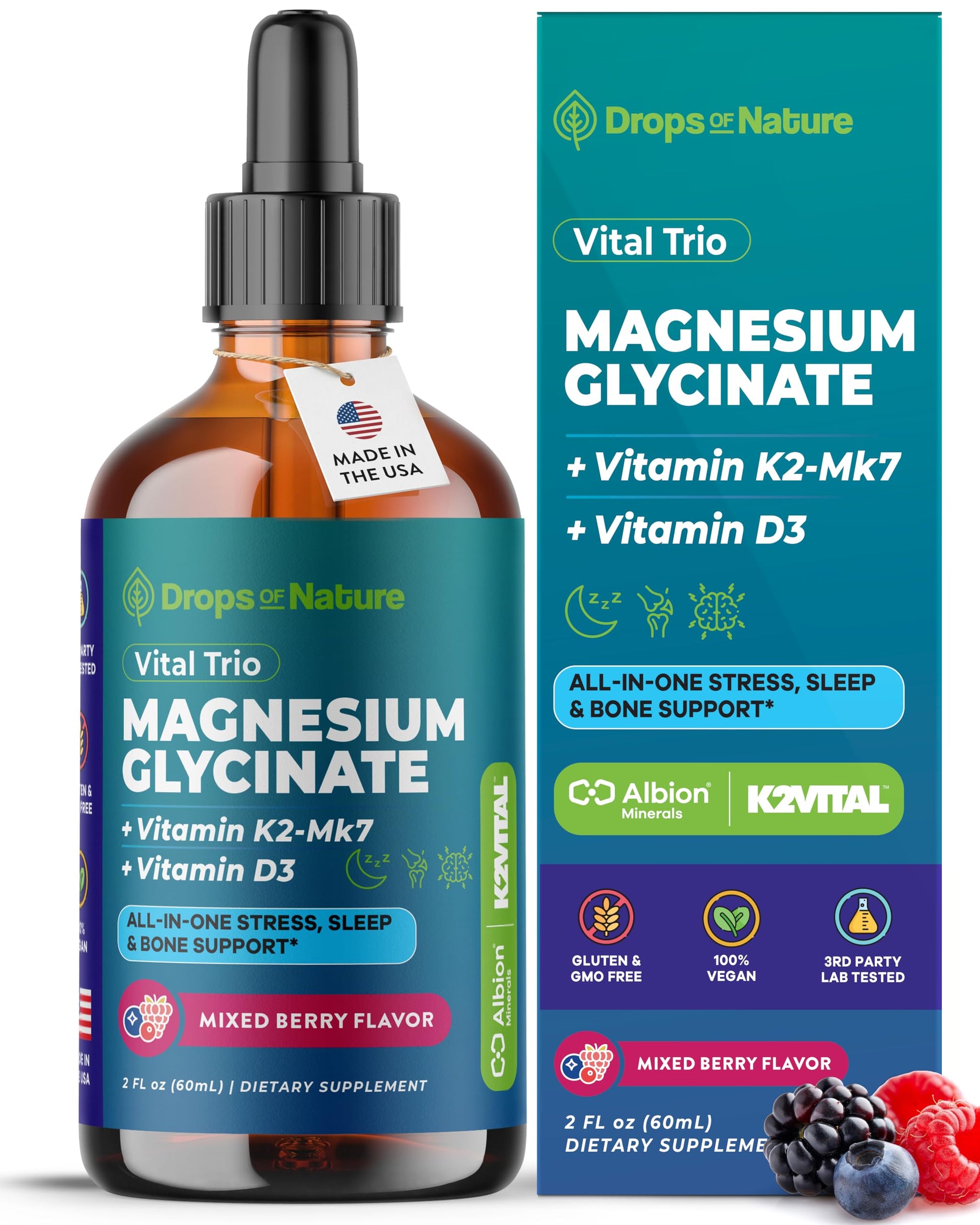 Magnesium Glycinate, Vitamin K2 & D3 Supplement – GMO-Free – VIT D MK7 K2 Vitamin Supplement & Magnesium Blend – with Nutrients for Bone Nutrition & Cardiovascular Function (Mixed Berry, 60 mL) Drops Of Nature uk supplements