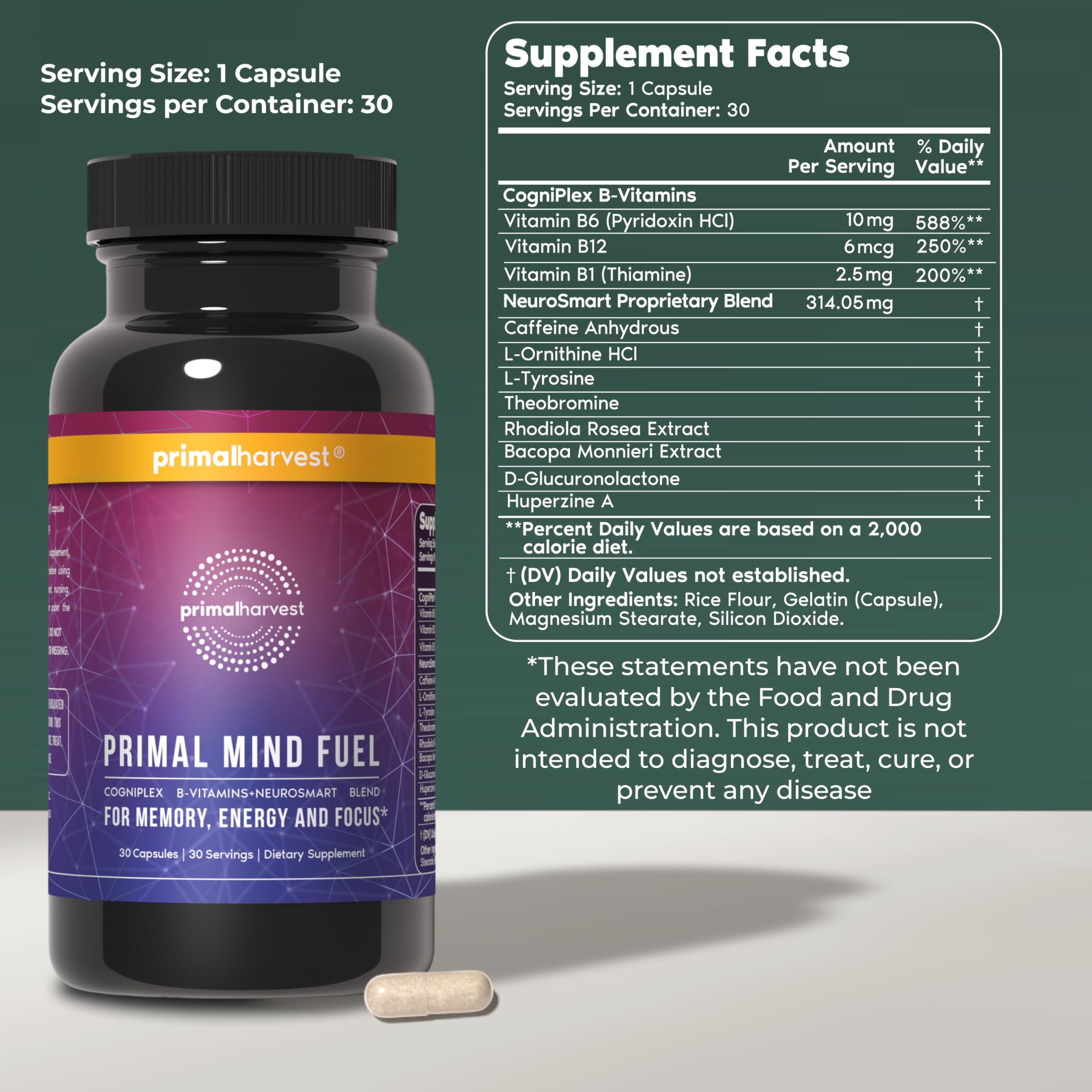 Primal Harvest Brain Supplement, Primal Mind Fuel Brain Booster for Focus, Energy, Clarity, Memory Brain Health 30 Capsules Nootropics Brain Support Supplement for Men and Women (2 Pack (30 Count)) Primal Harvest uk supplements