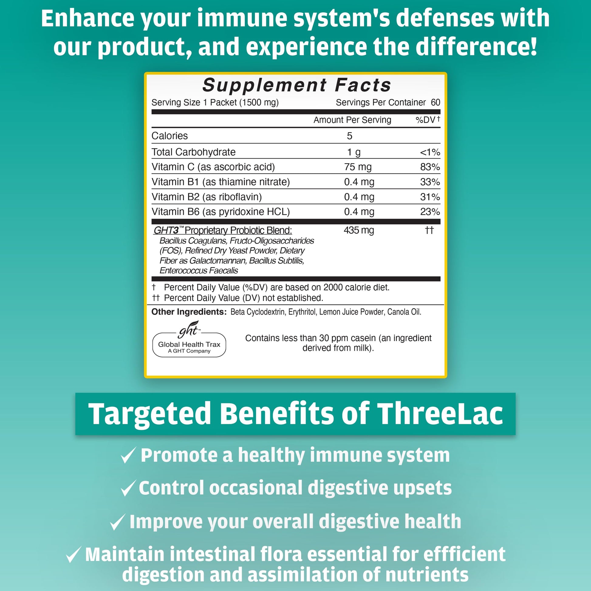 GHT - ThreeLac Lemon Probiotic Drink Mix for Digestive Health - Advanced Probiotic Powder Formula for Men, Women, and Kids - Immune Support & Gut Balance, Non-GMO - 240 Packets ght Global Health Trax uk supplements