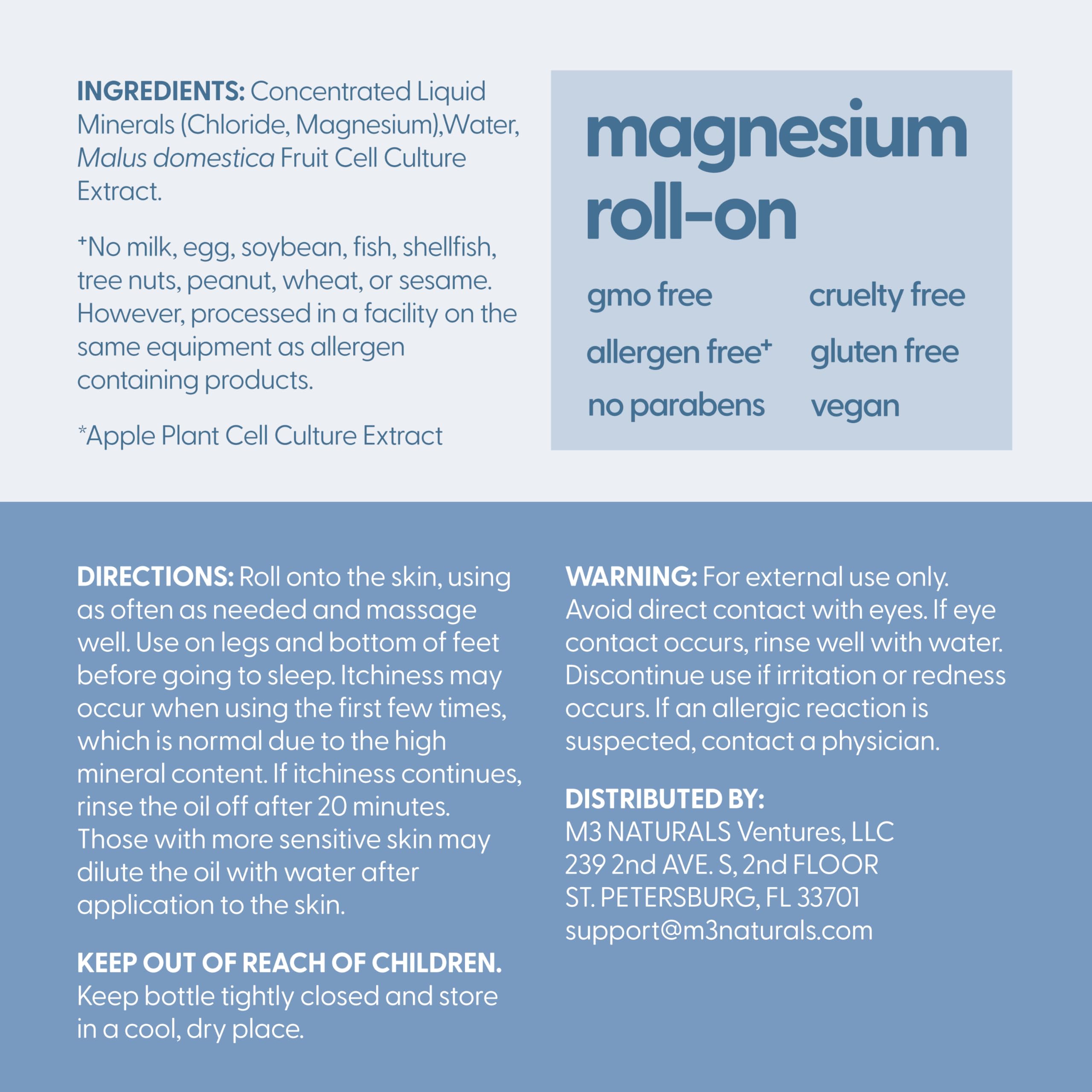 Magnesium Roll On for Adults & Kids, Easy Application for Sore Muscles, Feet, Joints and Leg Cramps, Helps with Sleeping and Post-Workout Recovery, for Sensitive Skin, 3 fl oz, by M3 M3 Naturals uk supplements