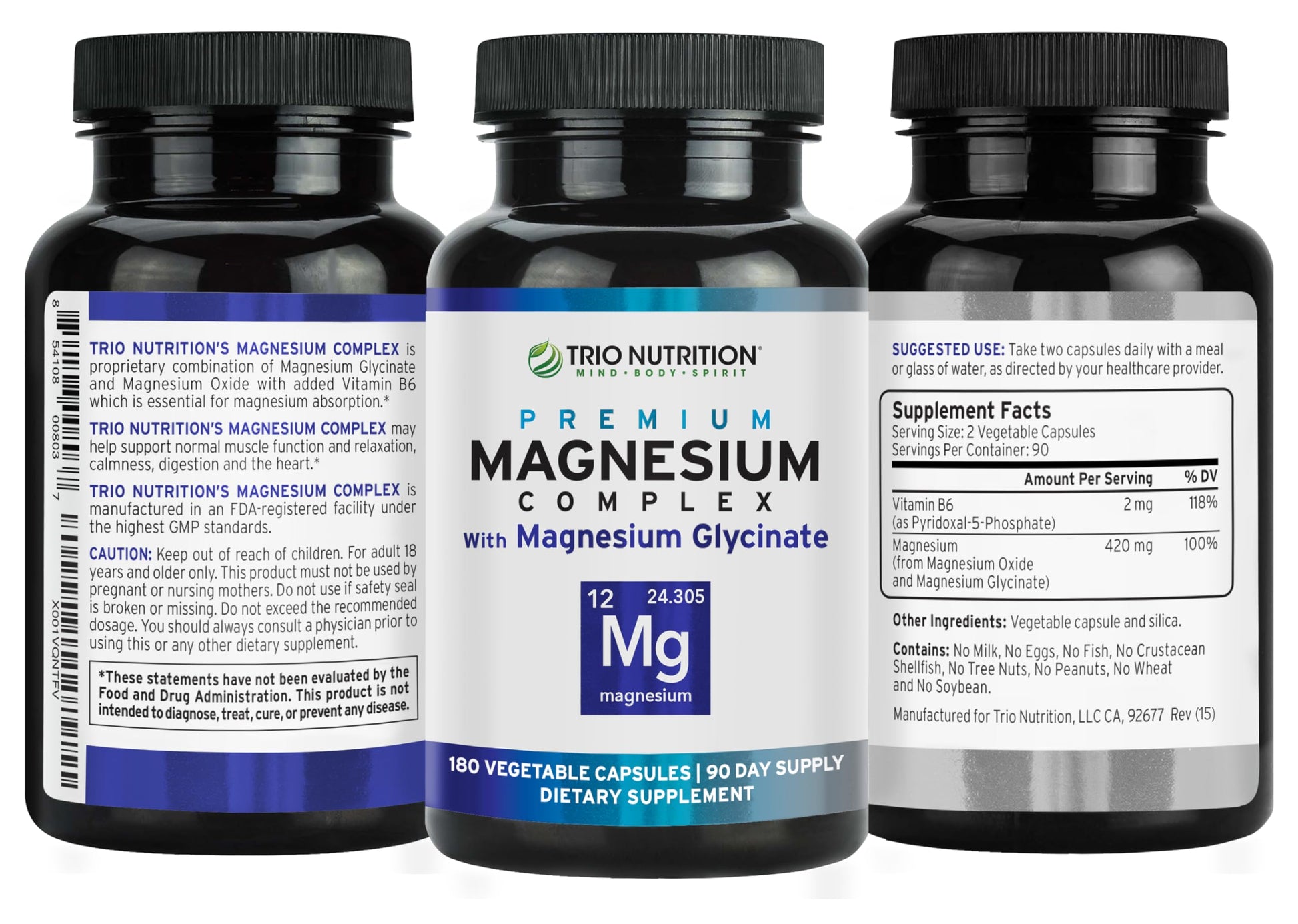 Trio Nutrition Magnesium Complex 90 Day Supply 420 mg | Natural Calm, Relax, Stress Relief, and Muscle Recovery |Magnesium Glycinate Supplement with Vitamin B6 for Rapid Absorption* TRIO NUTRITION uk supplements