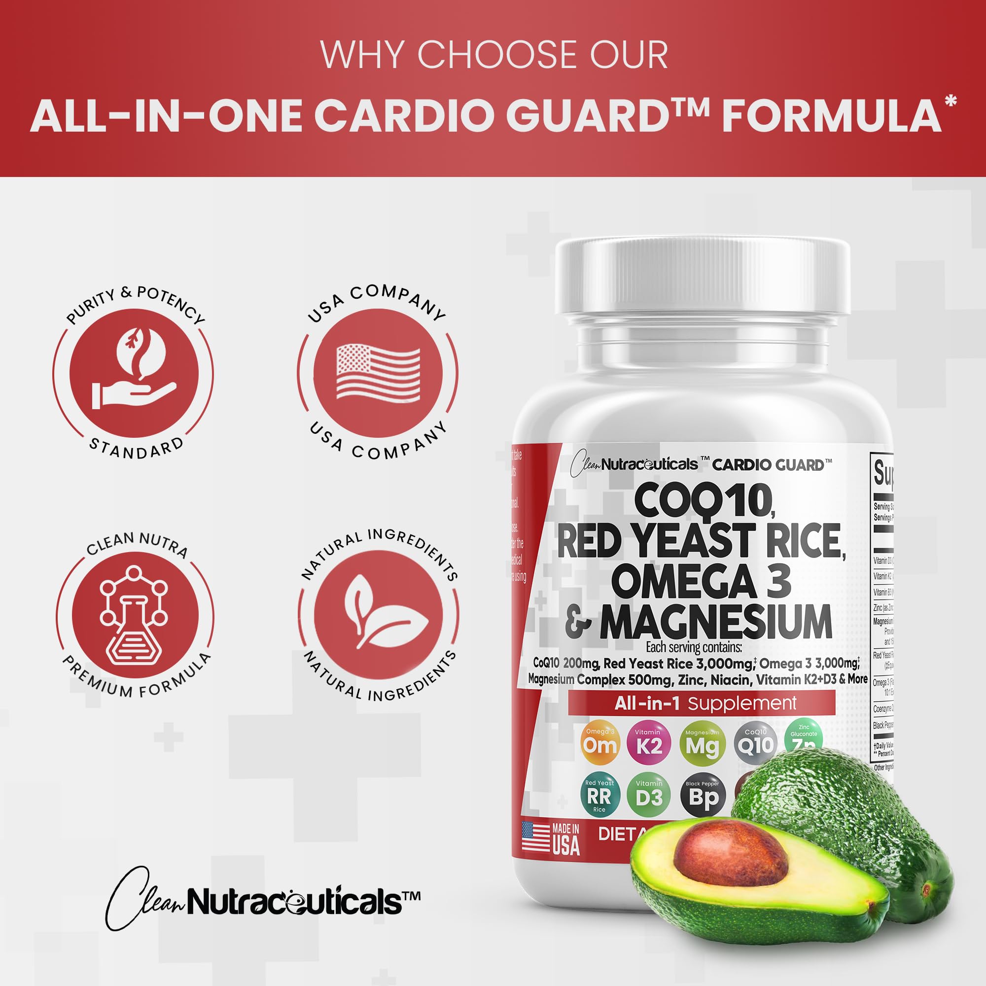 COQ10 200mg Red Yeast Rice 3000mg Omega 3 3000mg Magnesium Clean Nutraceuticals uk supplements