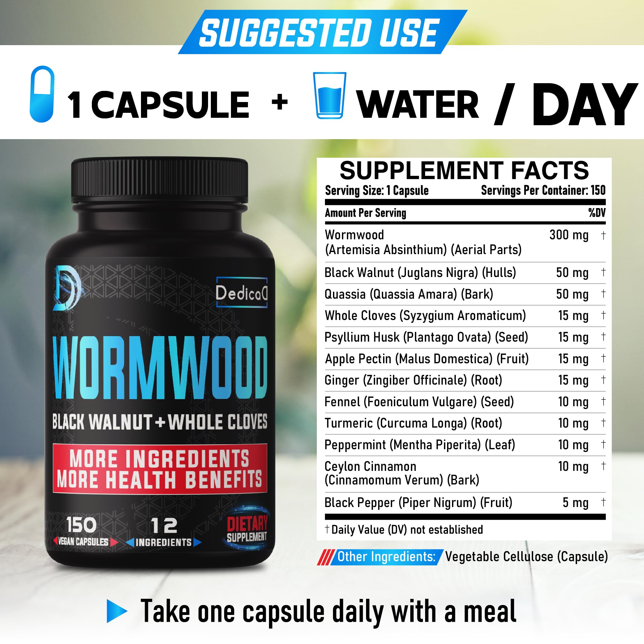 DEDICAD Premium Wormwood Extract Capsules - 5 Month Supply for Immune - 12 Herbs Blended with Black Walnut Leaves, Ginger, Turmeric & More - 150 Counts DEDICAD uk supplements