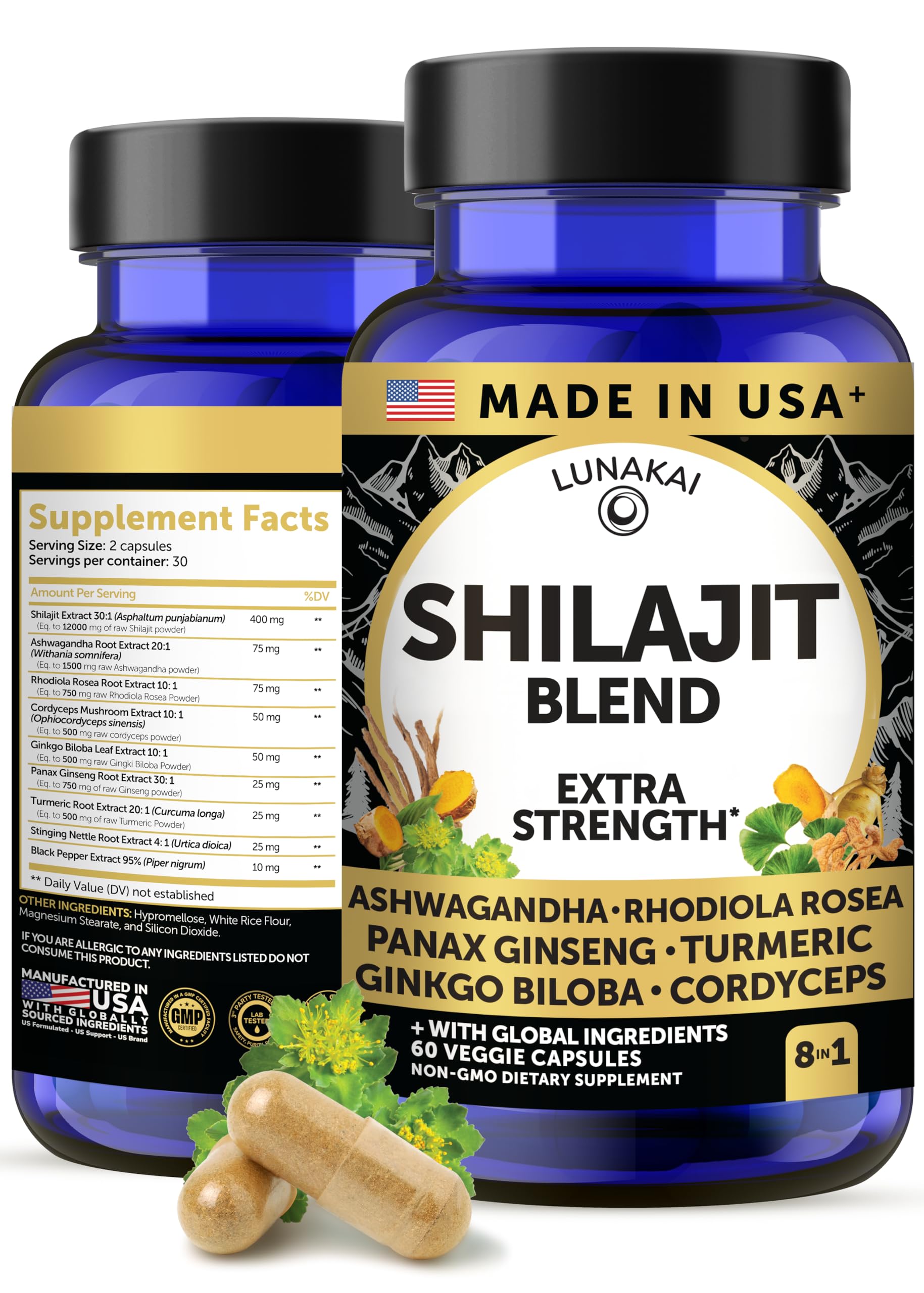 Lunakai USA Made Pure Shilajit Capsules with Ashwagandha, Rhodiola & Cordyceps - Extra Strength Shilajit Extract for Men & Women, 60ct Lunakai uk supplements