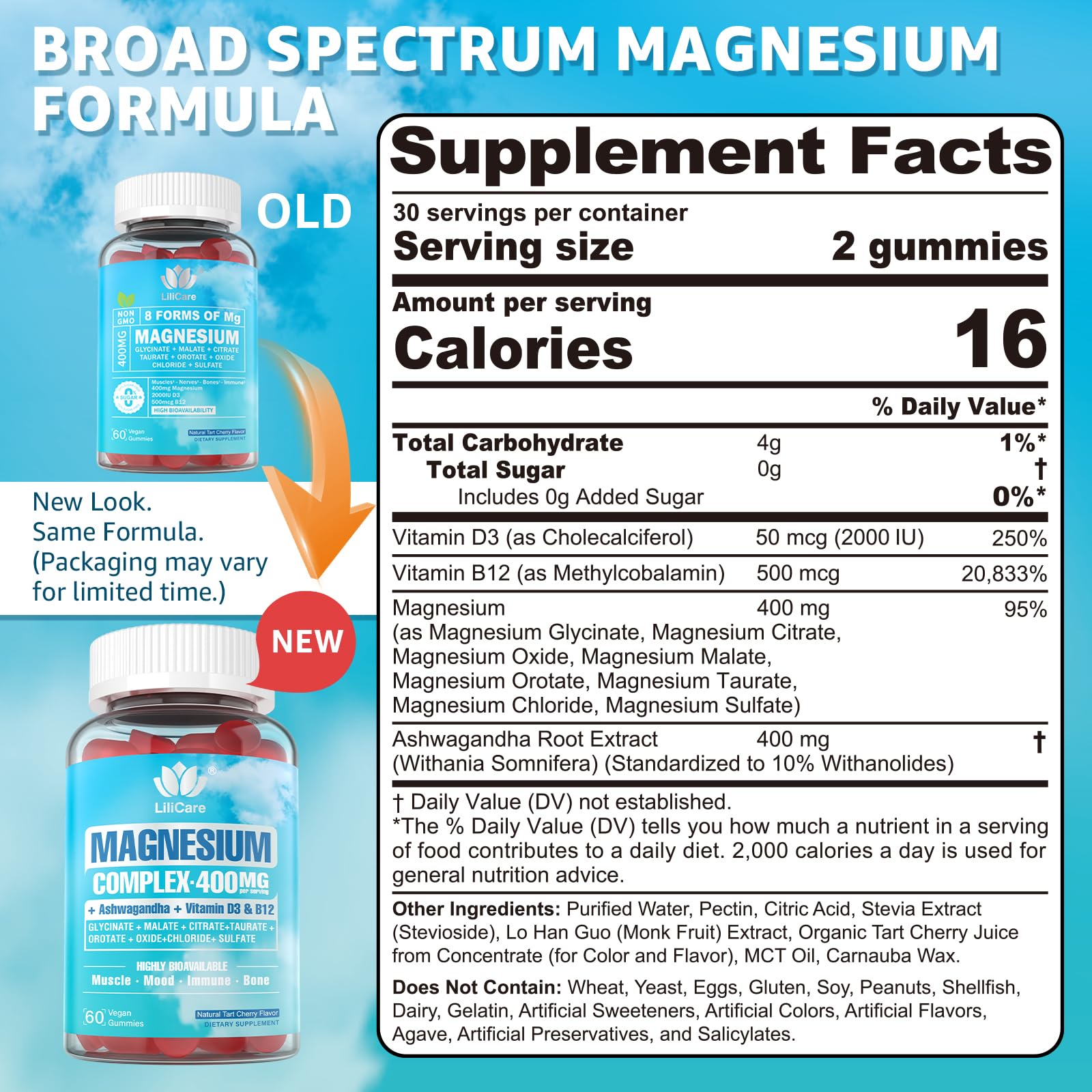 Sugar Free Magnesium Complex for Women, Calm Magnesium Gummies for Adults 400mg, Magnesium Glycinate, Citrate, Malate & More- Magnesium Gummy with Magnesium Ashwagandha, D3, B12 for Relax, Calm, Vegan LILICARE uk supplements