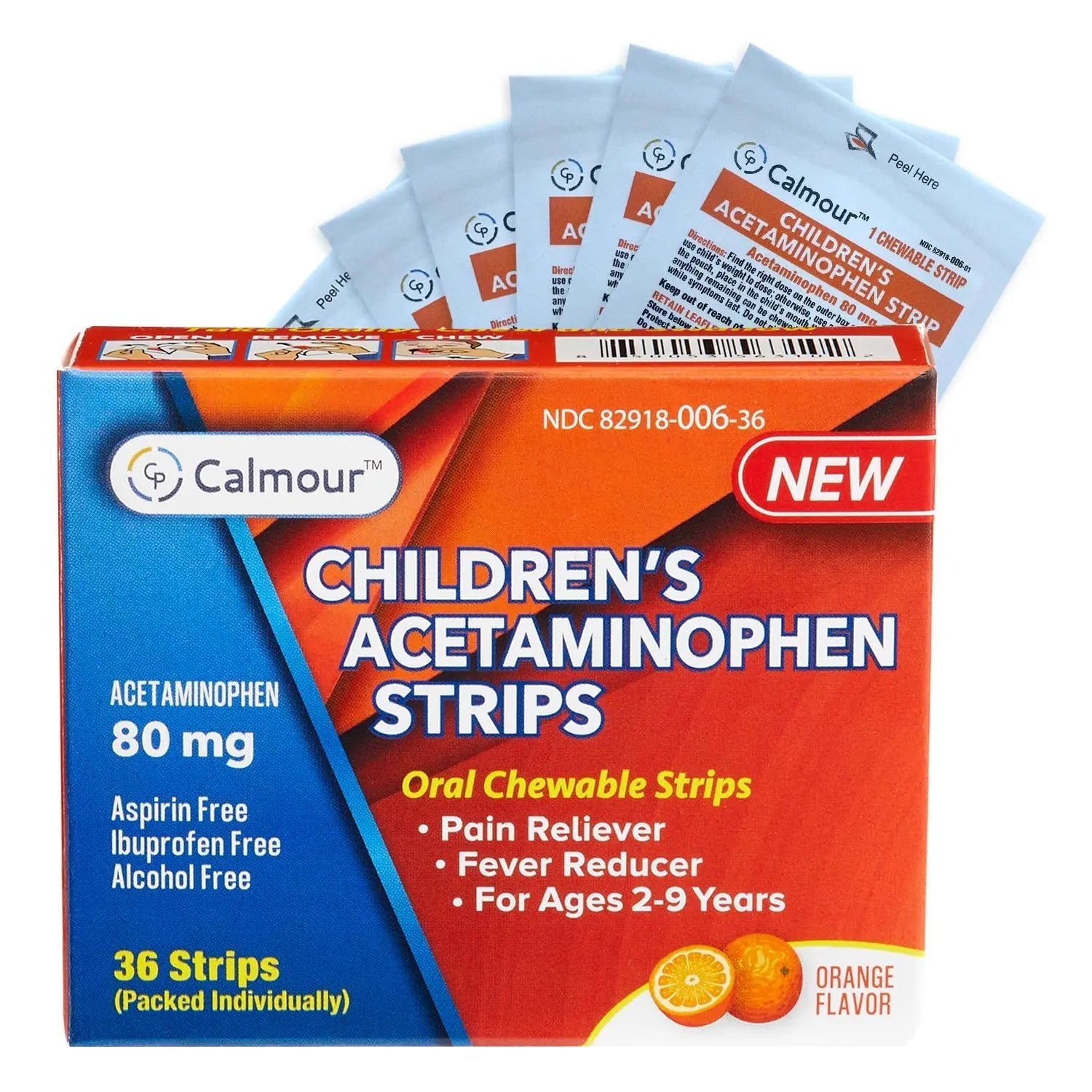 CALMOUR Children's Acetaminophen 36 Strips | Pain Reliever & Fever Reducer | Fast-Acting Support for Cold & Flu Symptoms | Oral Chewable Strips for Kids Ages 2-9 | Travel Size, Orange Flavor CALMOUR uk supplements