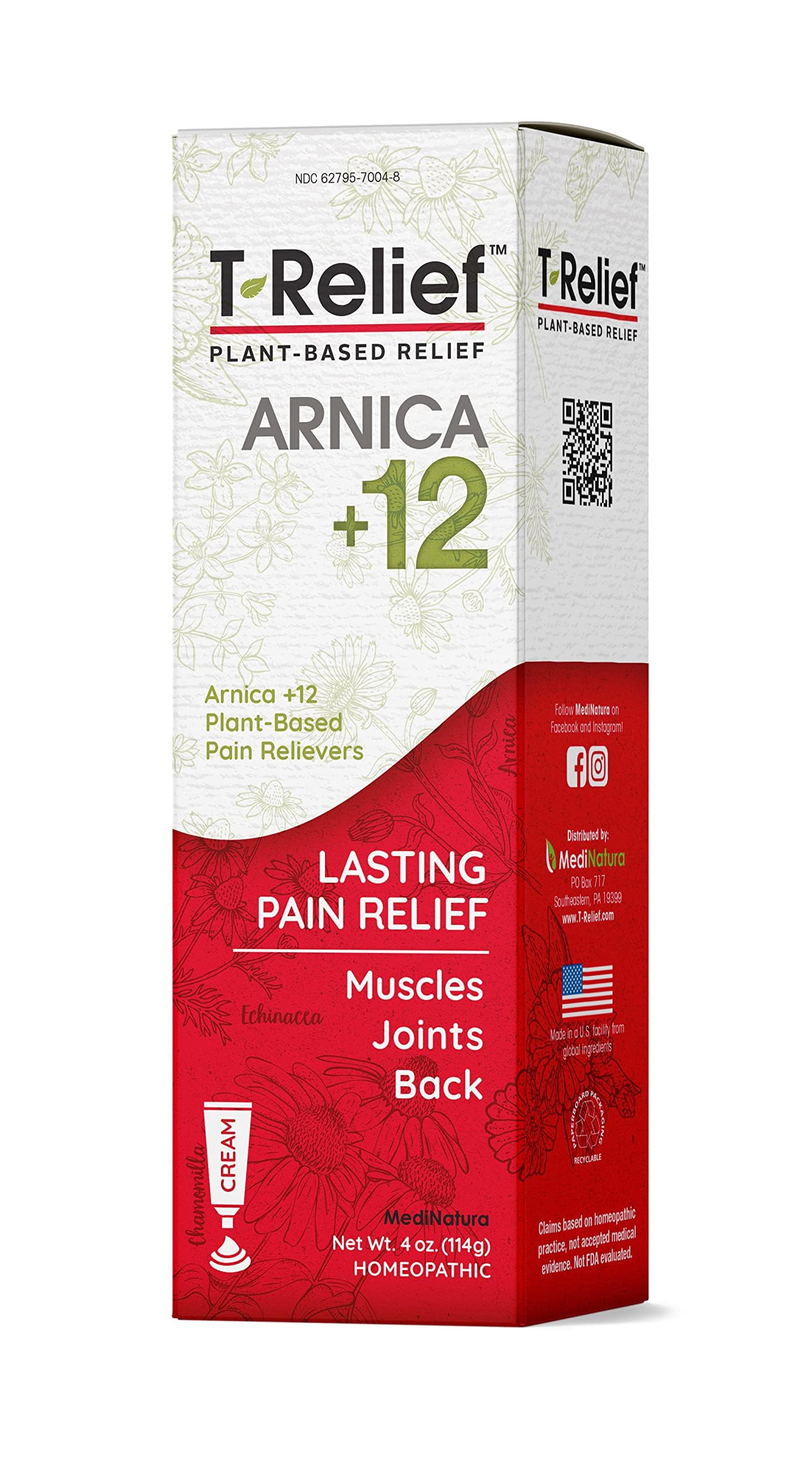 T-Relief Arnica +12 Cream Natural Actives for Back Pain Joint Soreness Muscle Aches & Stiffness, Whole Body Fast Acting Relief for Women & Men - 4 oz MediNatura uk supplements