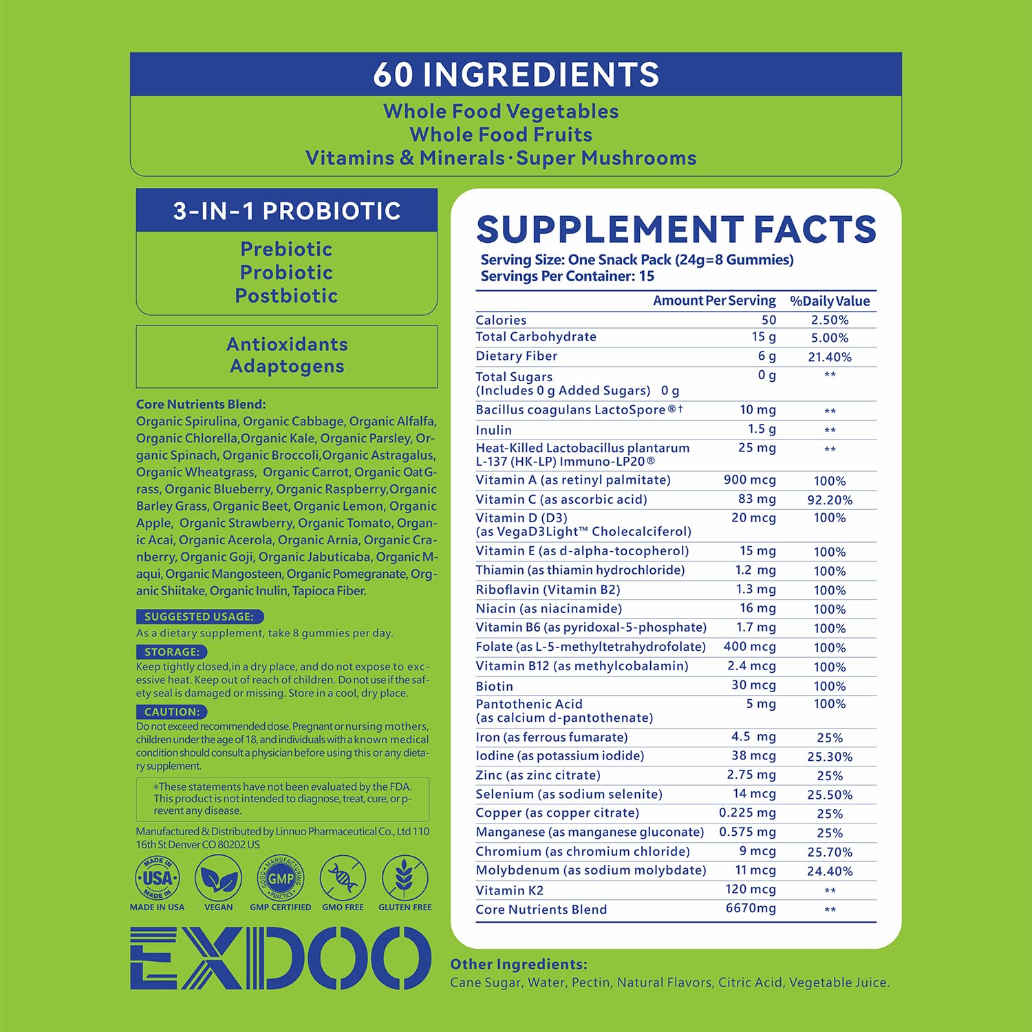exdoo Super Greens Fiber Gummies Multivitamin Superfood Gummy with Spirulina Chlorella Prebiotic Probiotic Postbiotic for Digestive Health Supplement 15 Packs 120 Gummies exdoo uk supplements