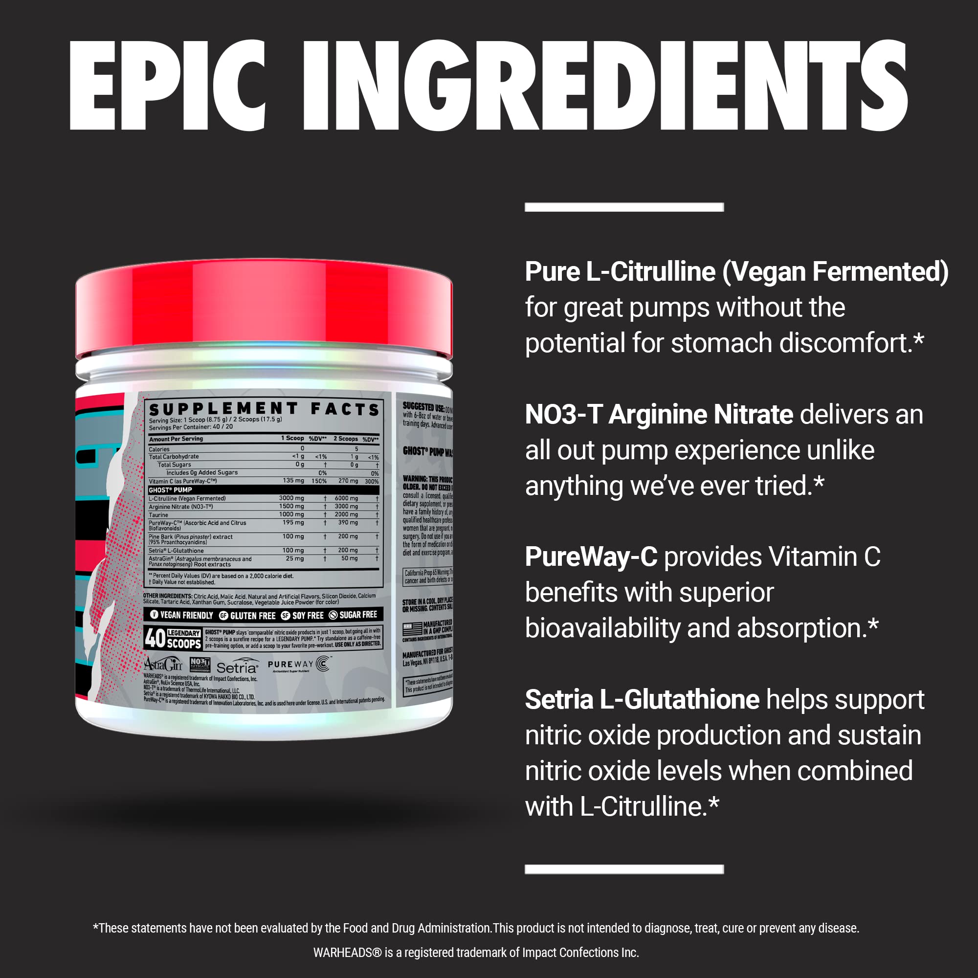 GHOST Pump Nitric Oxide Powder, Warheads Sour Watermelon - 40 Servings - Sugar & Stim-Free Pre-Workout Supplements- L-Citrulline, Arginine Nitrate & L-Glutathione - Soy & Gluten-Free, Vegan GHOST uk supplements