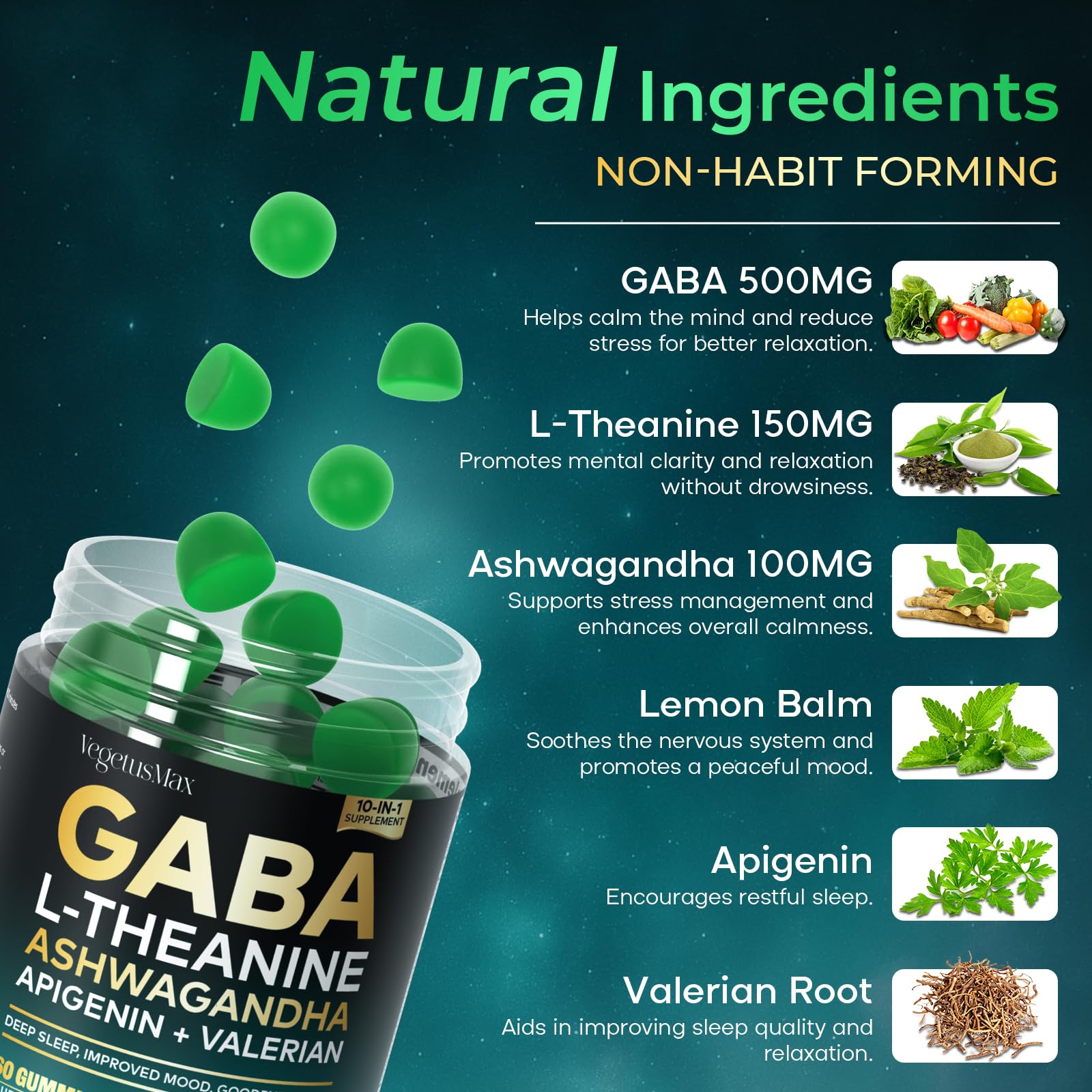 GABA L-Theanine Gummies, Sugar-Free Calm Gummies with L-Theanine, Ashwagandha,Valerian Root,Magnesium | Support Sleep,Stress Relief & Relaxation | GABA Supplement for Adult- Blueberry Flavor VEGETUSMAX uk supplements