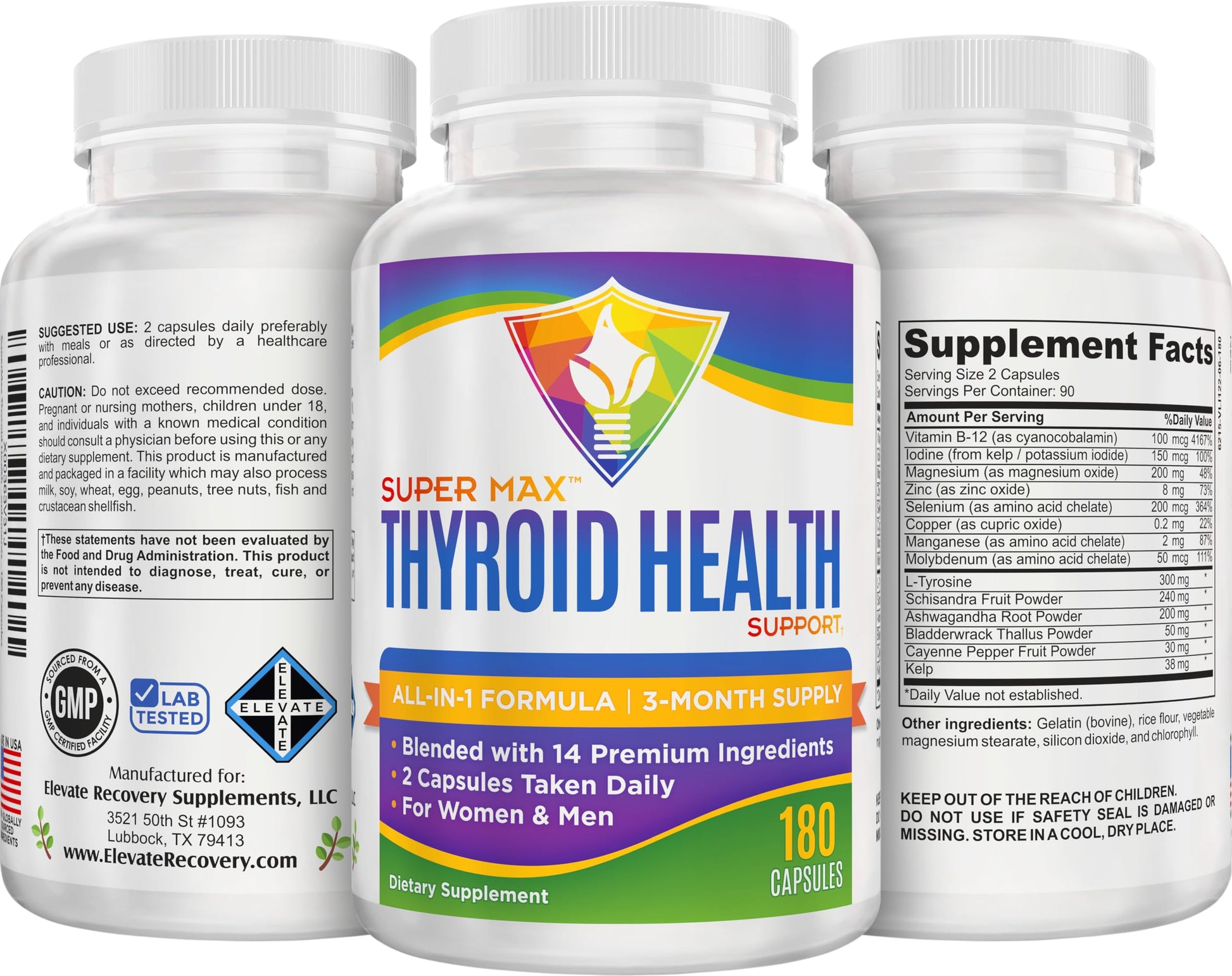 Thyroid Support (3-Month) Supplement All-in-1 with 14 Active Ingredients in 1 Formula | Thyroid Health Support Supplements | Women & Men | 90-Day Bulk Supply | 180 Capsules Elevate Recovery Supplements uk supplements