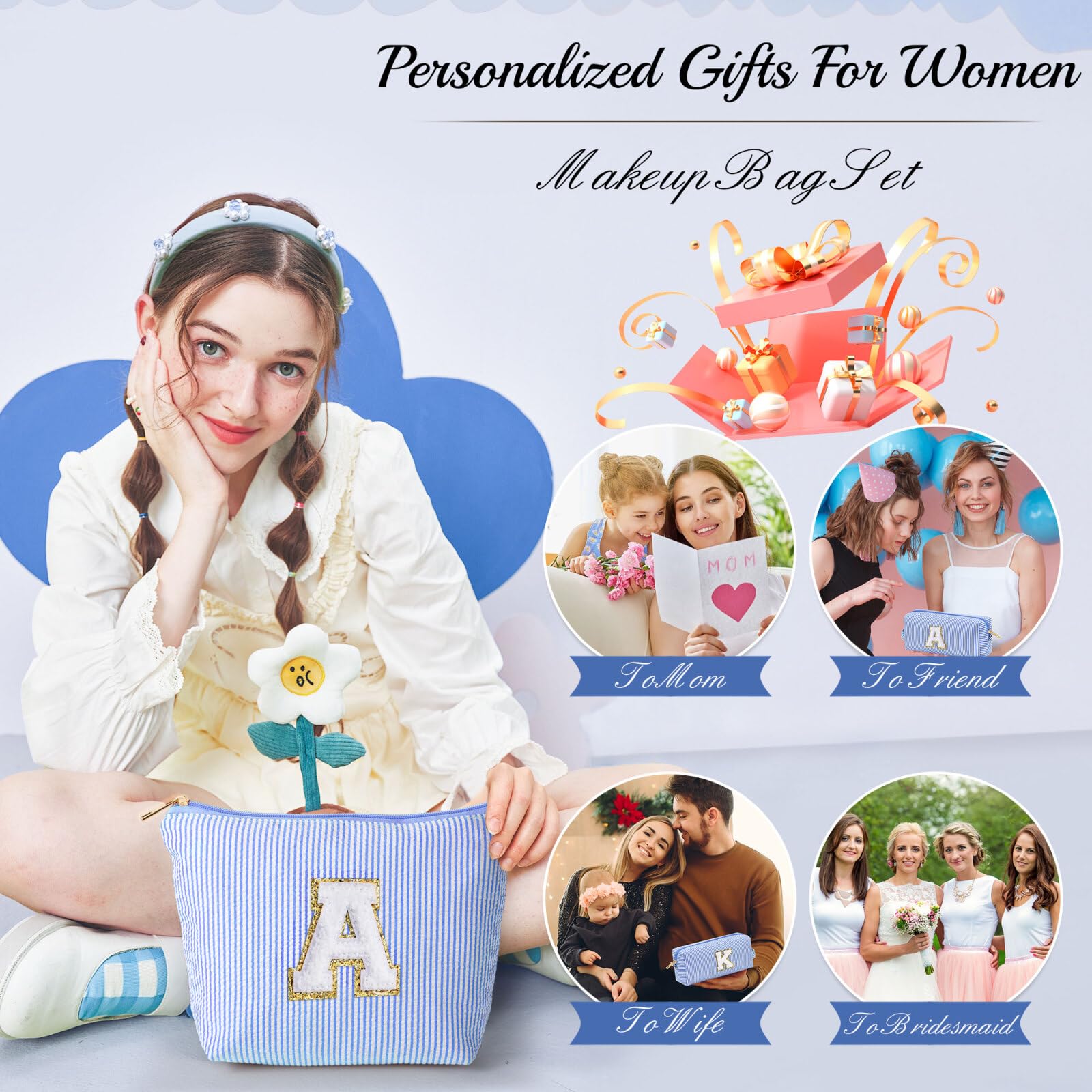 YOOLIFE Birthday Gifts for Teen Girls Kids Initial Makeup Bag | Teen Girl Gift Trendy Stuff | Travel Makeup Bag Toiletry Bags | Gifts for 3 4 5 6 7 8 9 10 11 12 13 Year Old Girl Blue K YOOLIFE uk supplements