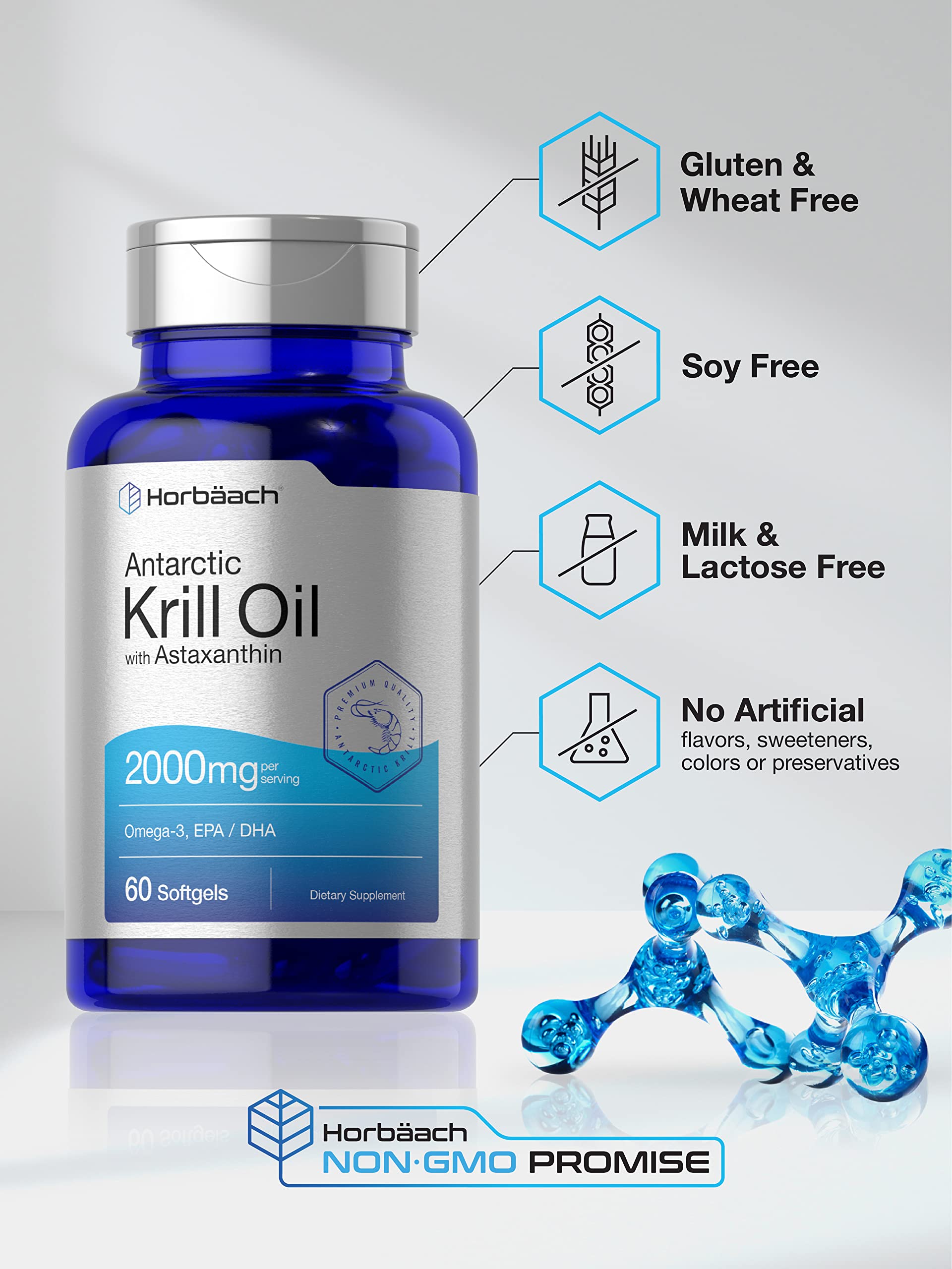 Horbäach Antarctic Krill Oil 2000mg | 60 Softgel Capsules | Omega-3, EPA, DHA Supplemen Horbäach uk supplements