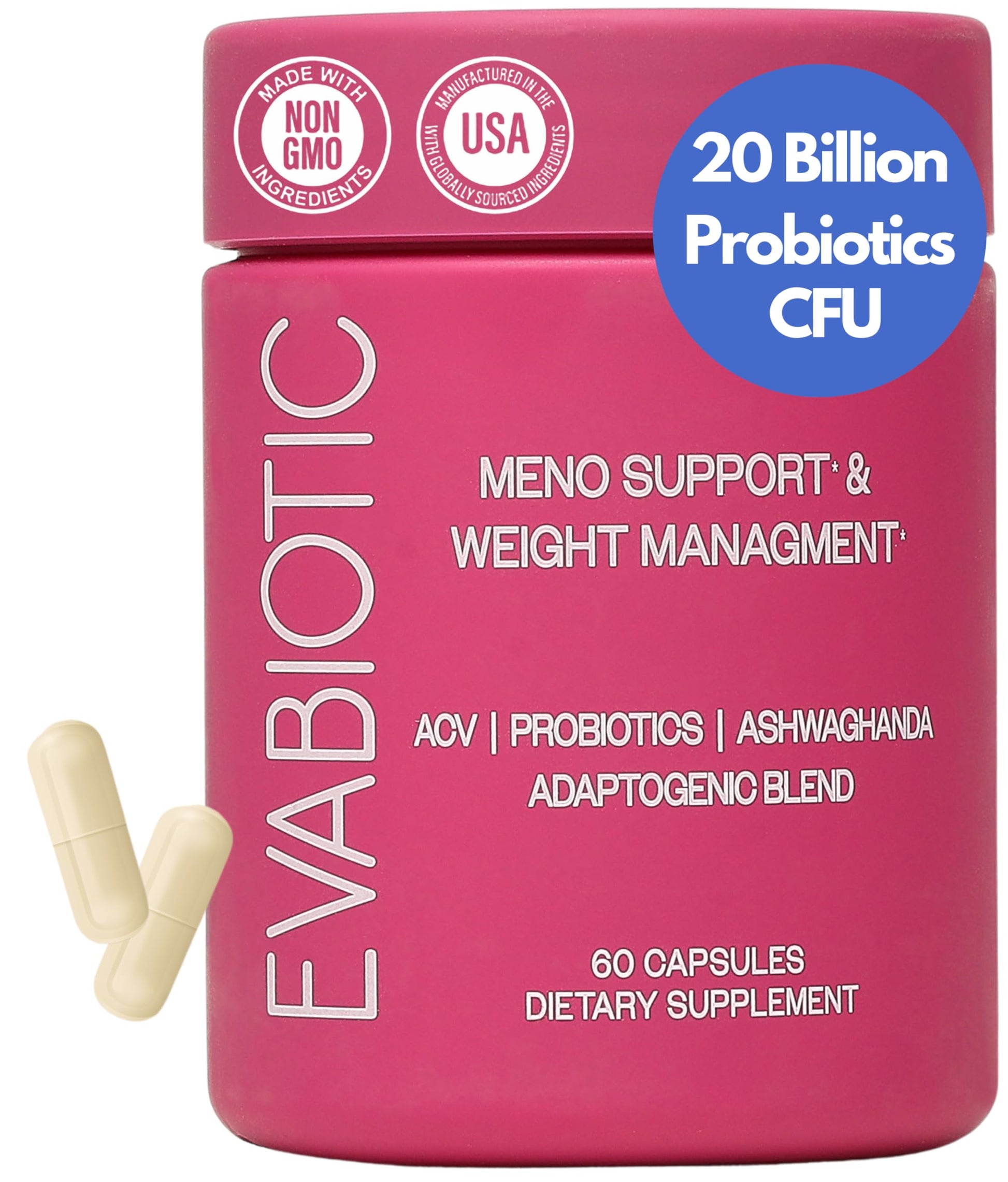 Complete Menopause Vitamins - Ashwaghanda, Probiotics, ACV for Weight Management, Hot Flashes, Night Sweats, Bloat, Hormone Balance - Vegan 60 Caps Menopause Supplements for Women Non-GMO EVABIOTIC uk supplements