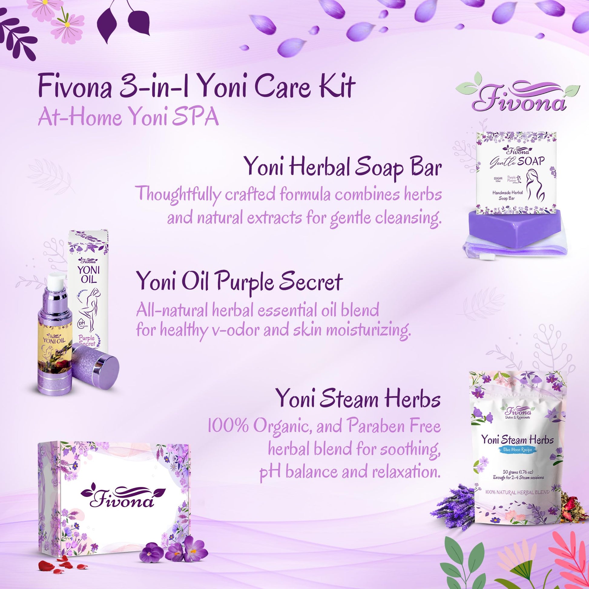 FIVONA Yoni Care Kit 3 in 1 - pH Balanced Natural Vaginal Oil 30 ml, Organic Herbal Soap 5.3 oz FIVONA uk supplements