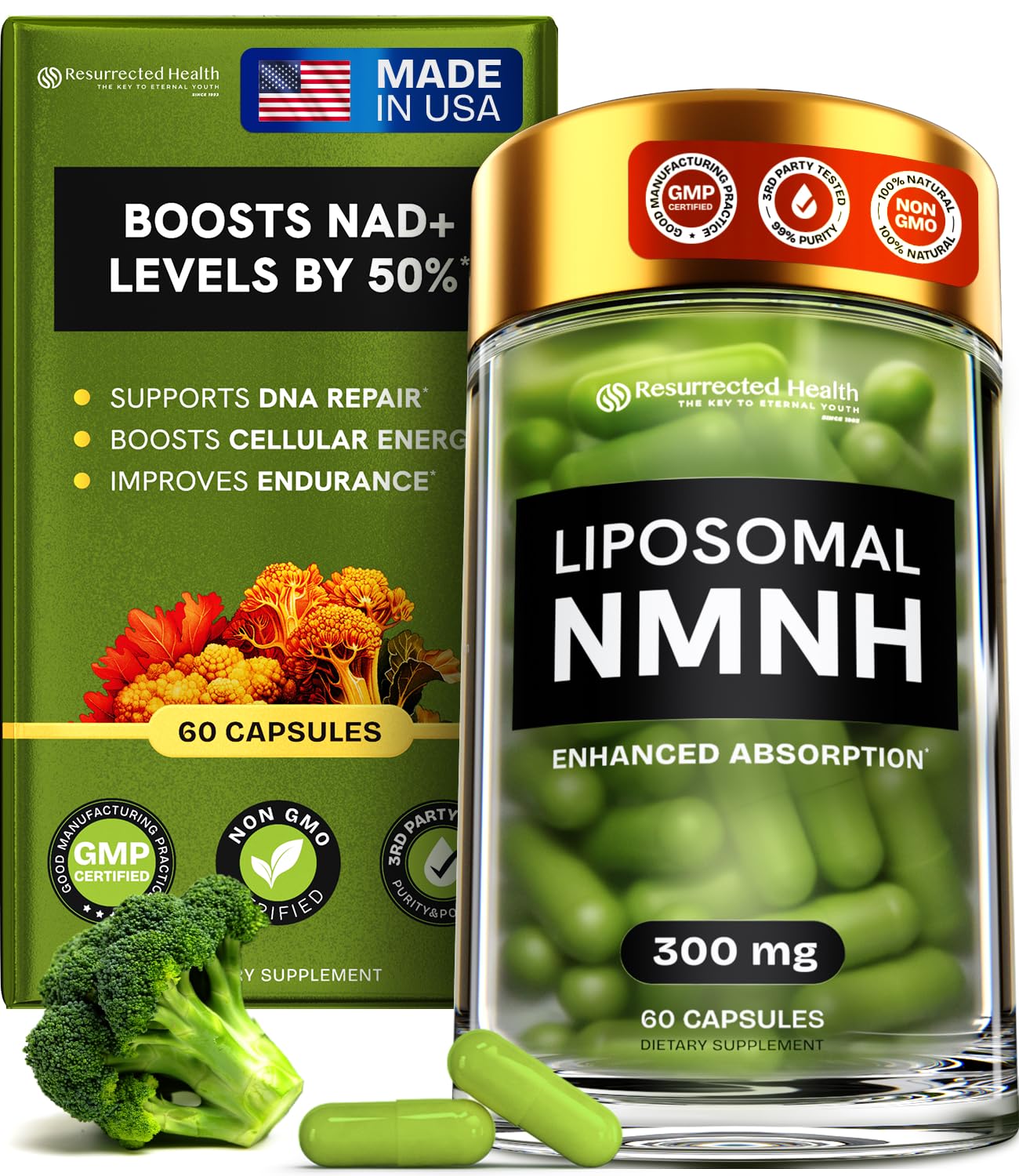 Resurrected Health Liposomal NMNH Supplement 300mg – Boosts NAD Anti-Aging, Energy & Focus – NMM Capsules Alternative to for Cellular Vitality – Third-Party Tested, 60 Vegan Capsules | 1 Pack Resurrected Health uk supplements