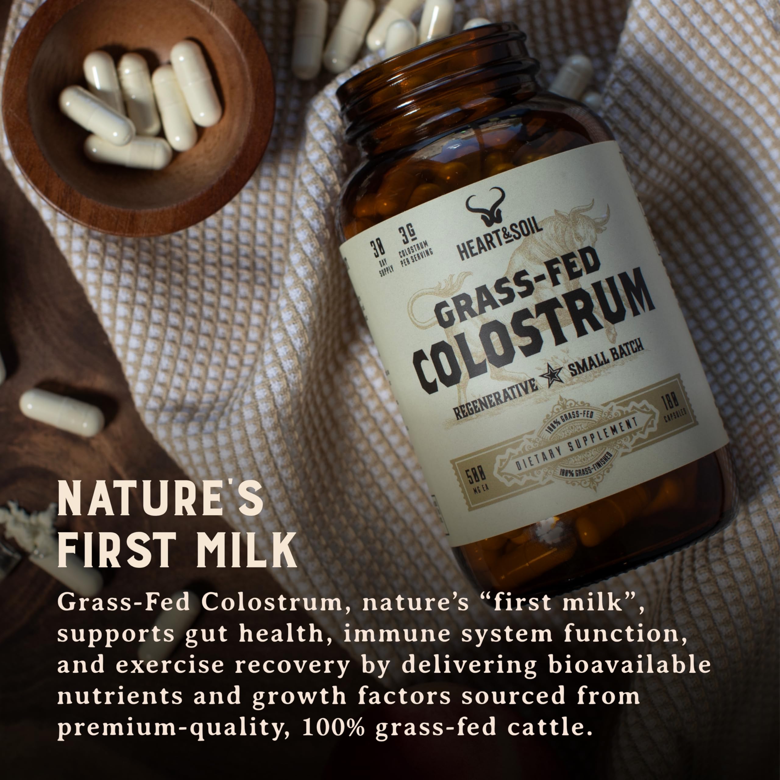 HEART & SOIL 100% Grass Fed & Finished Colostrum Supplement from Regenerative Cattle for Gut, Muscle & Immune Health – 3000mg Bovine Colostrum Capsules - Gut Health for Men & Women –180 Capsules HEART & SOIL uk supplements