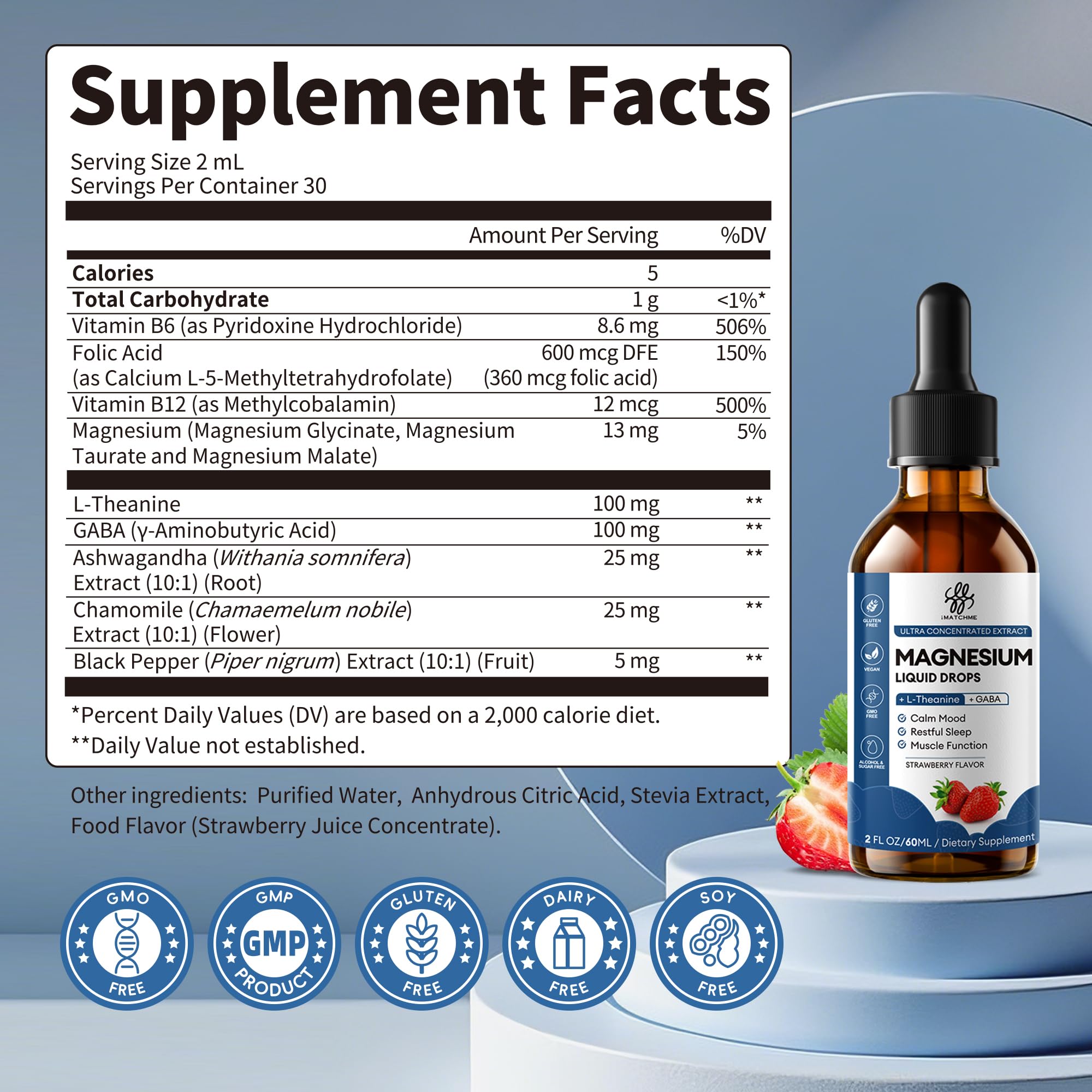 Liquid Magnesium Glycinate Drops for Nighttime Sleep & Calm Support, Triple Chelated Magnesium Complex with L-Theanine & GABA, Pre-Dissolved Liquid for Gentle Absorption, Strawberry Flavor, 2 Fl Oz iMATCHME uk supplements