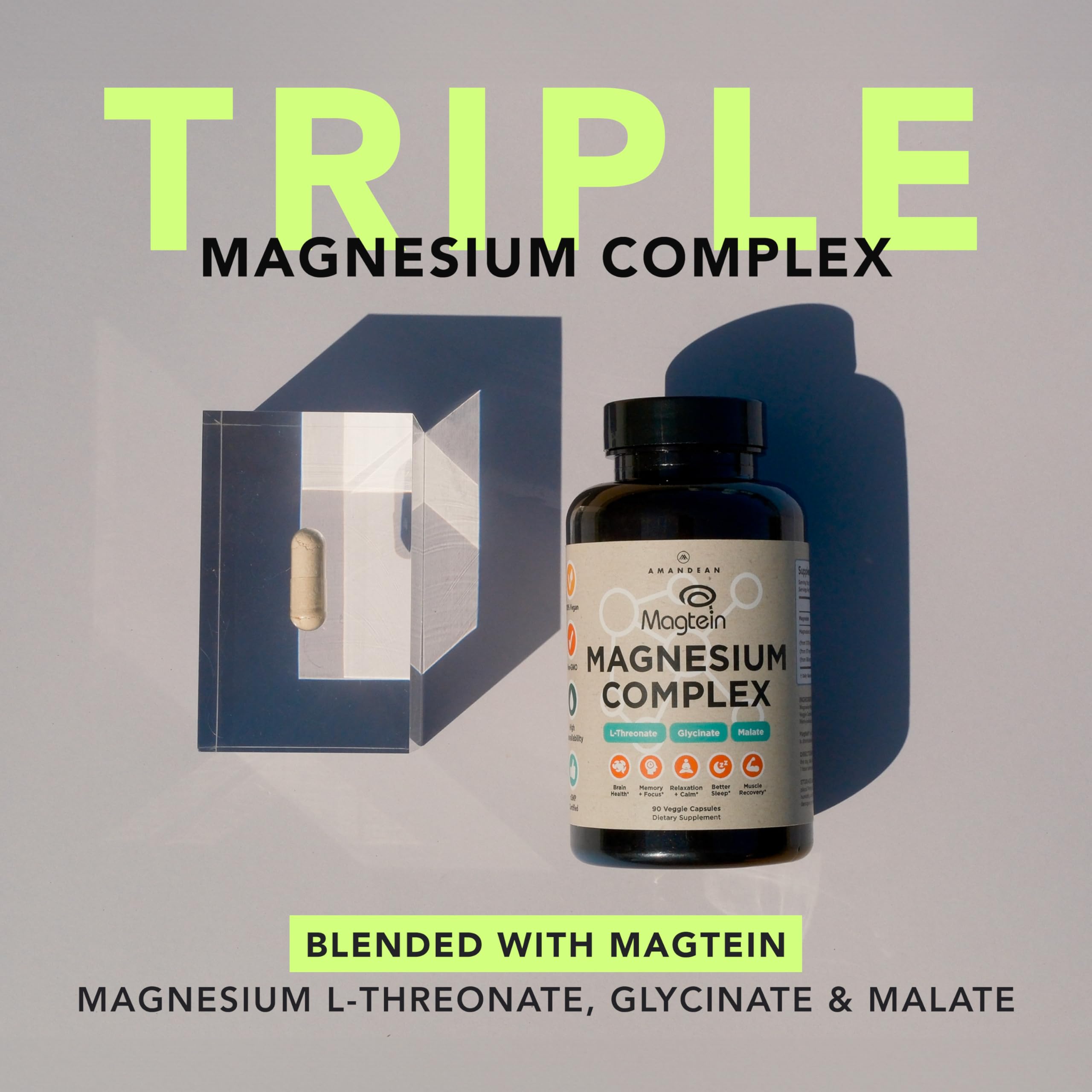 AMANDEAN Magtein Magnesium Complex. L-Threonate, Glycinate, Malate Triple Blend Chelated Magnesium Supplement. 90 Veggie Capsules. High Absorption Branded Ingredients. Brain Health, Sleep, Calm*. AMANDEAN uk supplements
