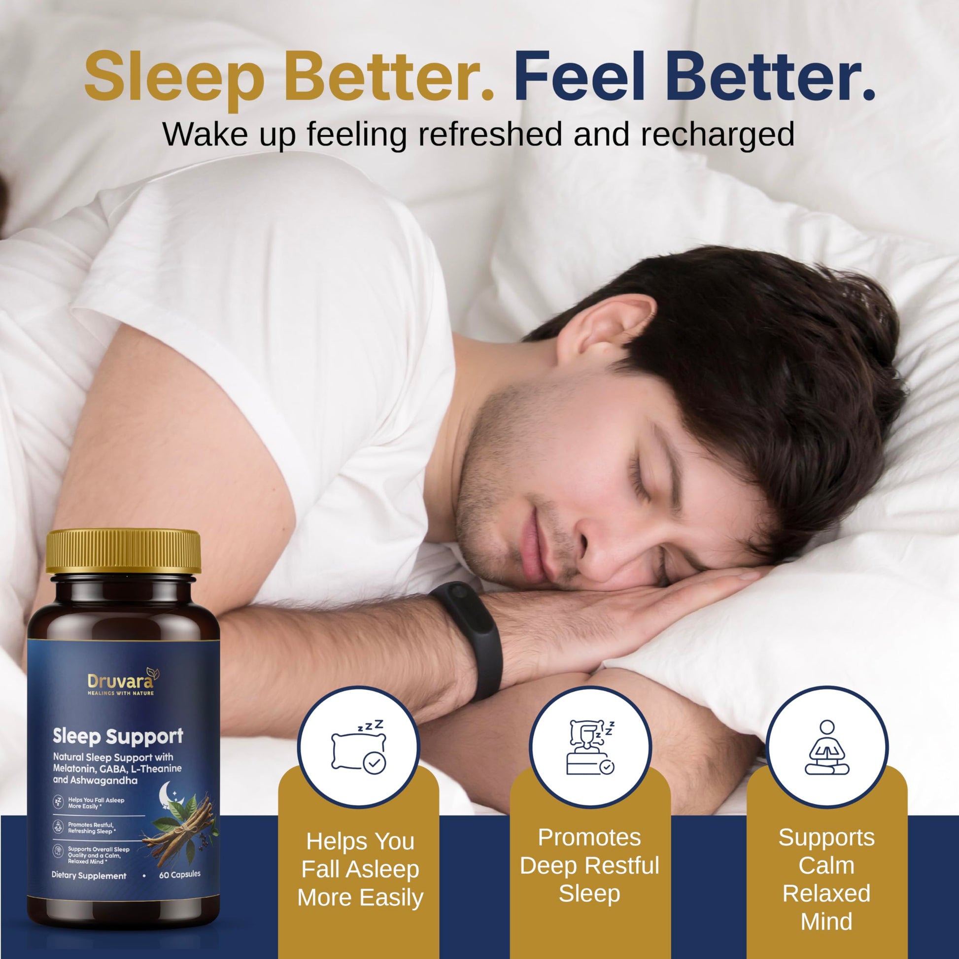 Druvara Natural Sleep Aid for Adults with Melatonin, GABA, L-Theanine & Ashwagandha, Natural Sleep Supplement for Deep, Restful Sleep - 60 Capsules Druvara uk supplements