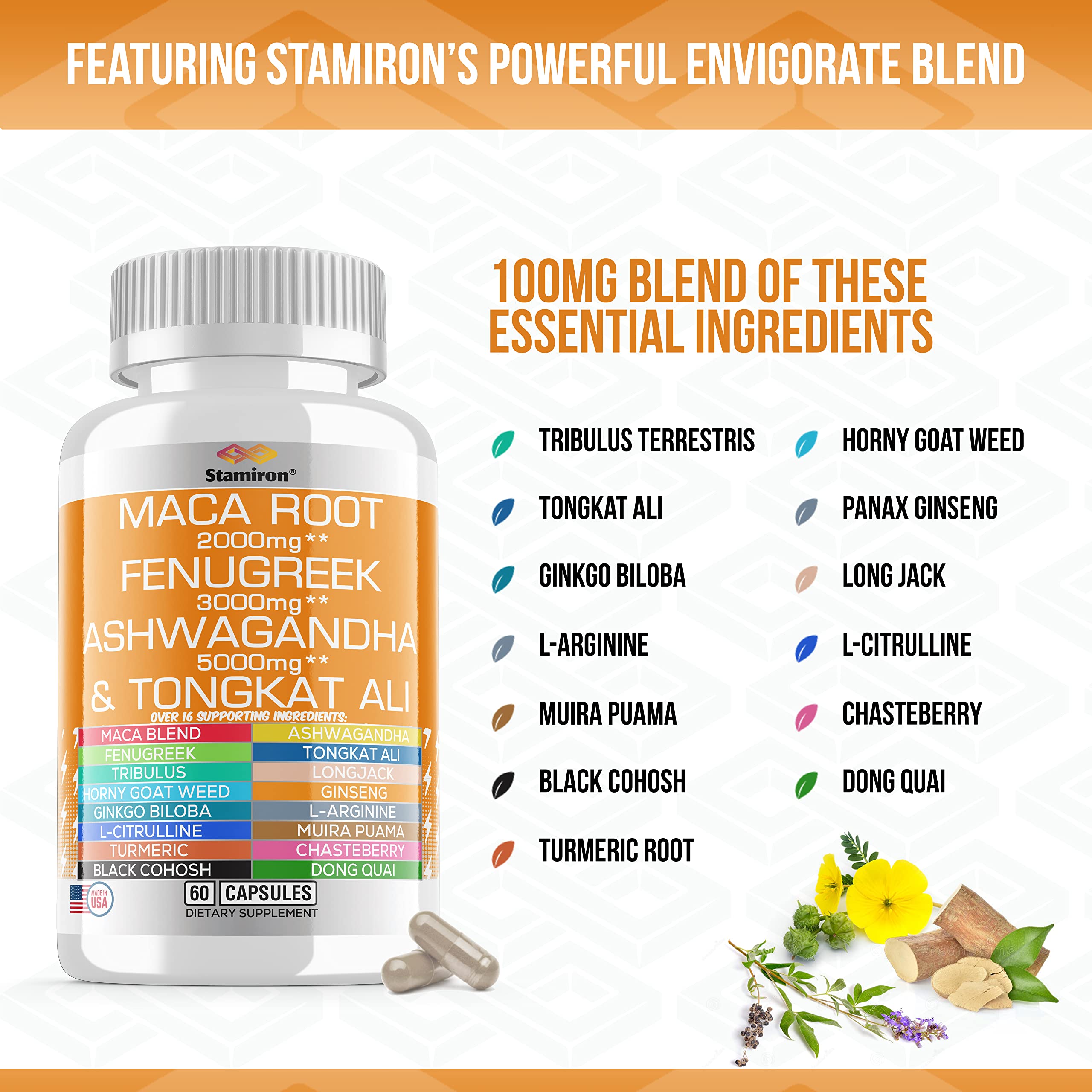 Stamiron Maca Root 2000mg Fenugreek 3000mg Ashwagandha 5000mg Supplement Stamiron uk supplements