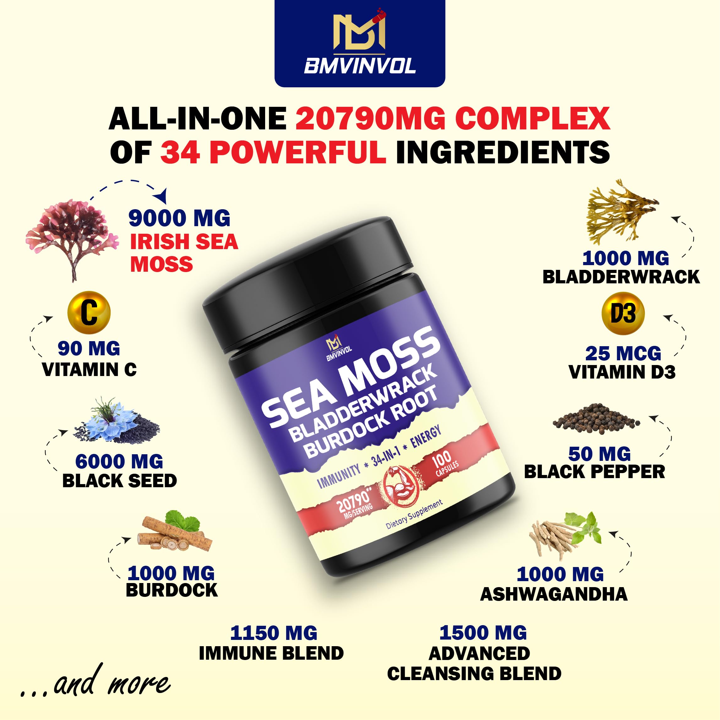 BMVINVOL 100 Capsules - Sea Moss Capsules 20790mg with Bladderwrack, Burdock BMVINVOL uk supplements