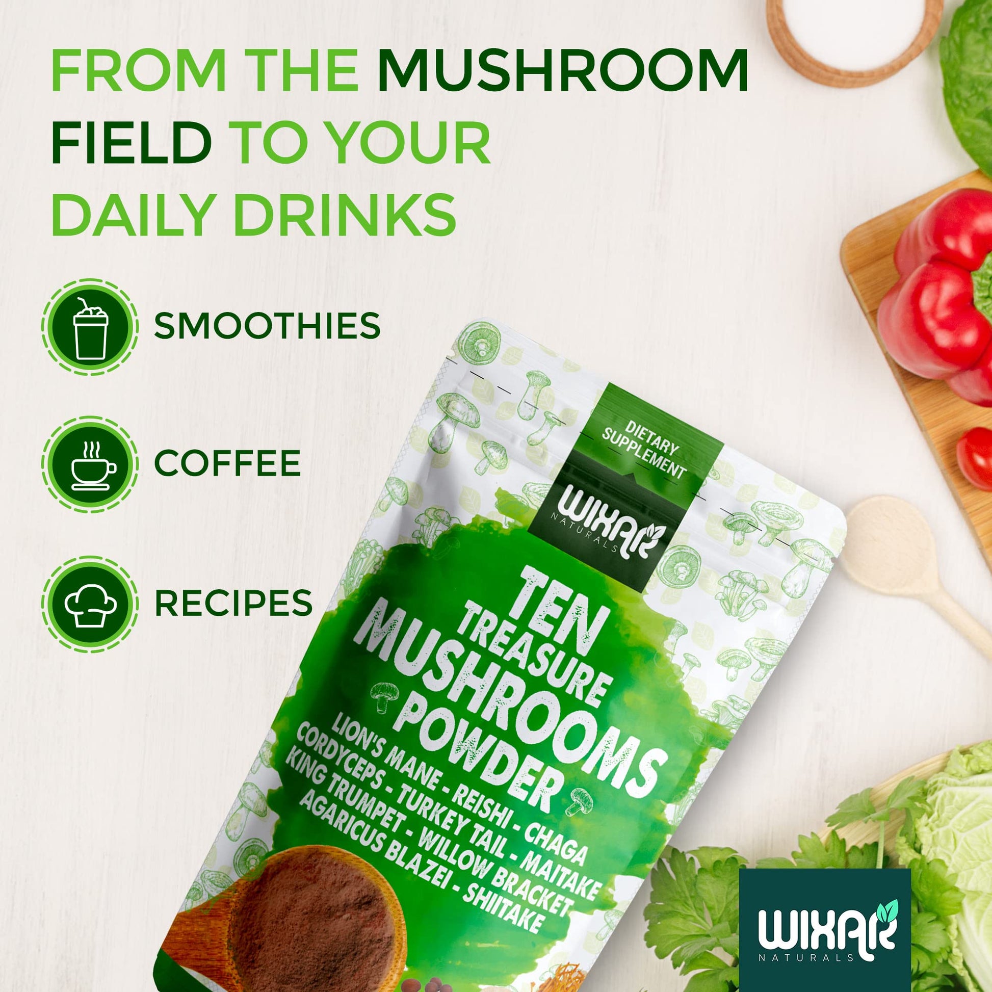 Wixar Mushroom Powder - Ten Treasure Mushrooms Extract Supplement Blend for Coffee WIXAR NATURALS uk supplements