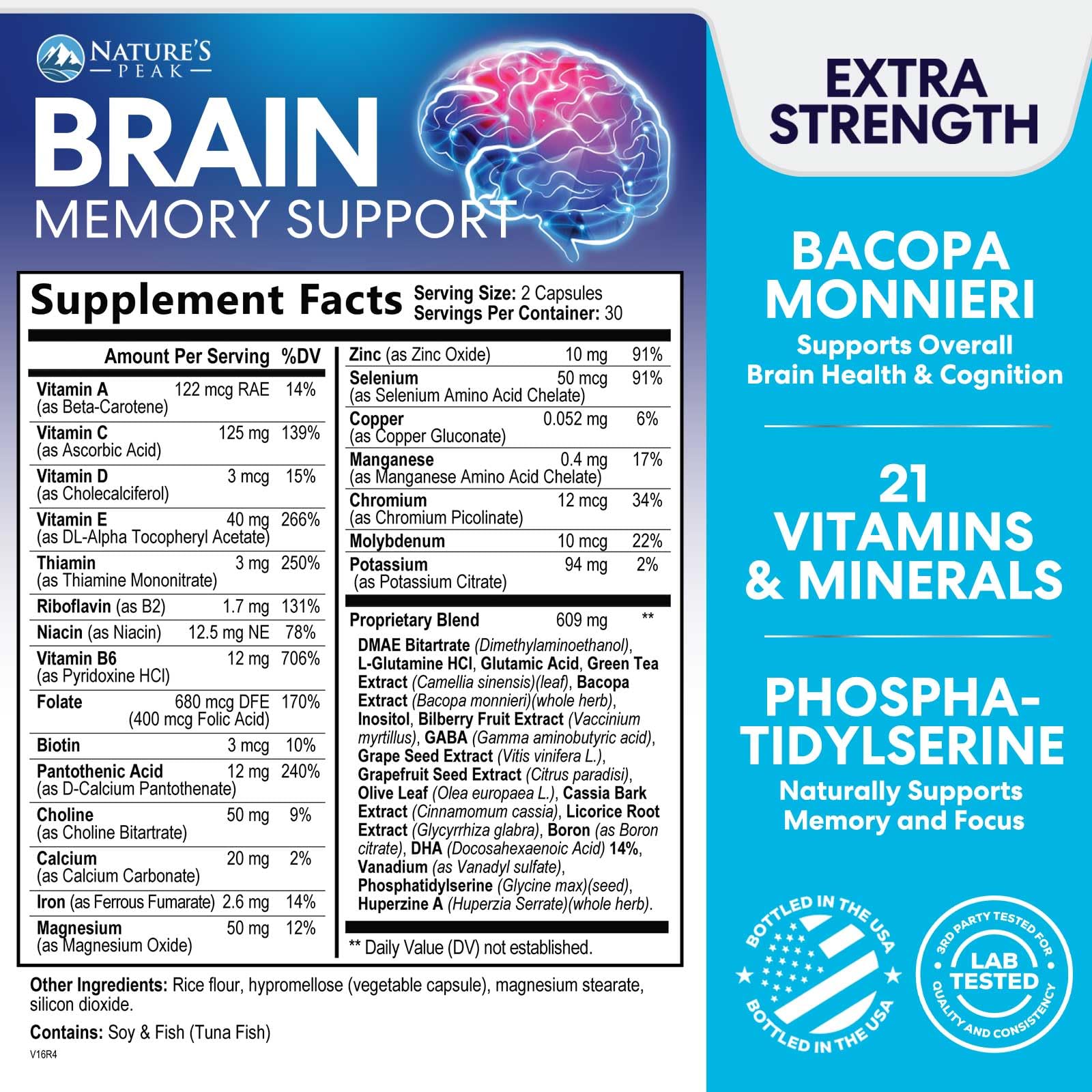 Brain Memory Supplement - 3X Strength Nootropics for Concentration, Clarity & Focus Support - Brain Health Cognitive Vitamins with Bacopa, Phosphatidylserine & DMAE, Brain Booster Pills, 60 Capsules Nature's Peak uk supplements