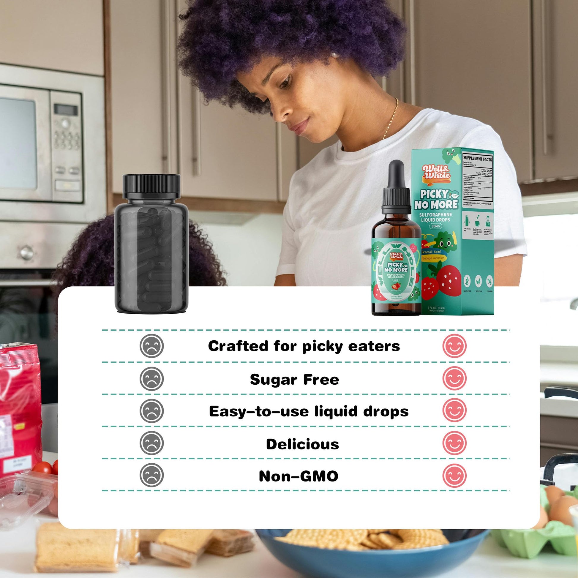 Well&Whole Sulforaphane Kids Liquid Supplement – Pick No More Broccoli Sprout Extract Drops, Hidden Greens for Picky Eaters, Daily Nutrition Support, Sugar-Free, Vegan, 60mL Well&Whole uk supplements