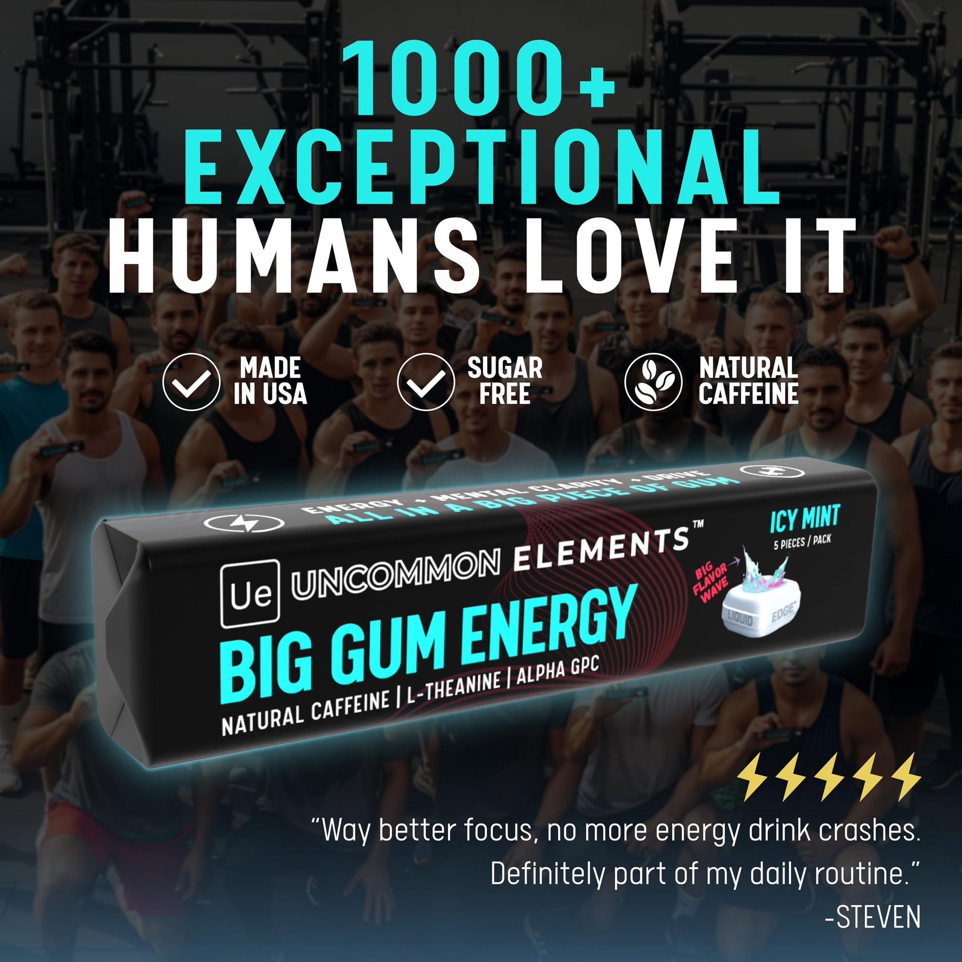 BIG GUM ENERGY & FOCUS – 80mg Caffeine + 40mg L-Theanine + 80mg Alpha GPC – Nootropic Chewing Gum for Focus, Energy & Execution – Icy Mint – 25 Pieces (5 Packs) Gym & Work Execution. UNCOMMON ELEMENTS uk supplements