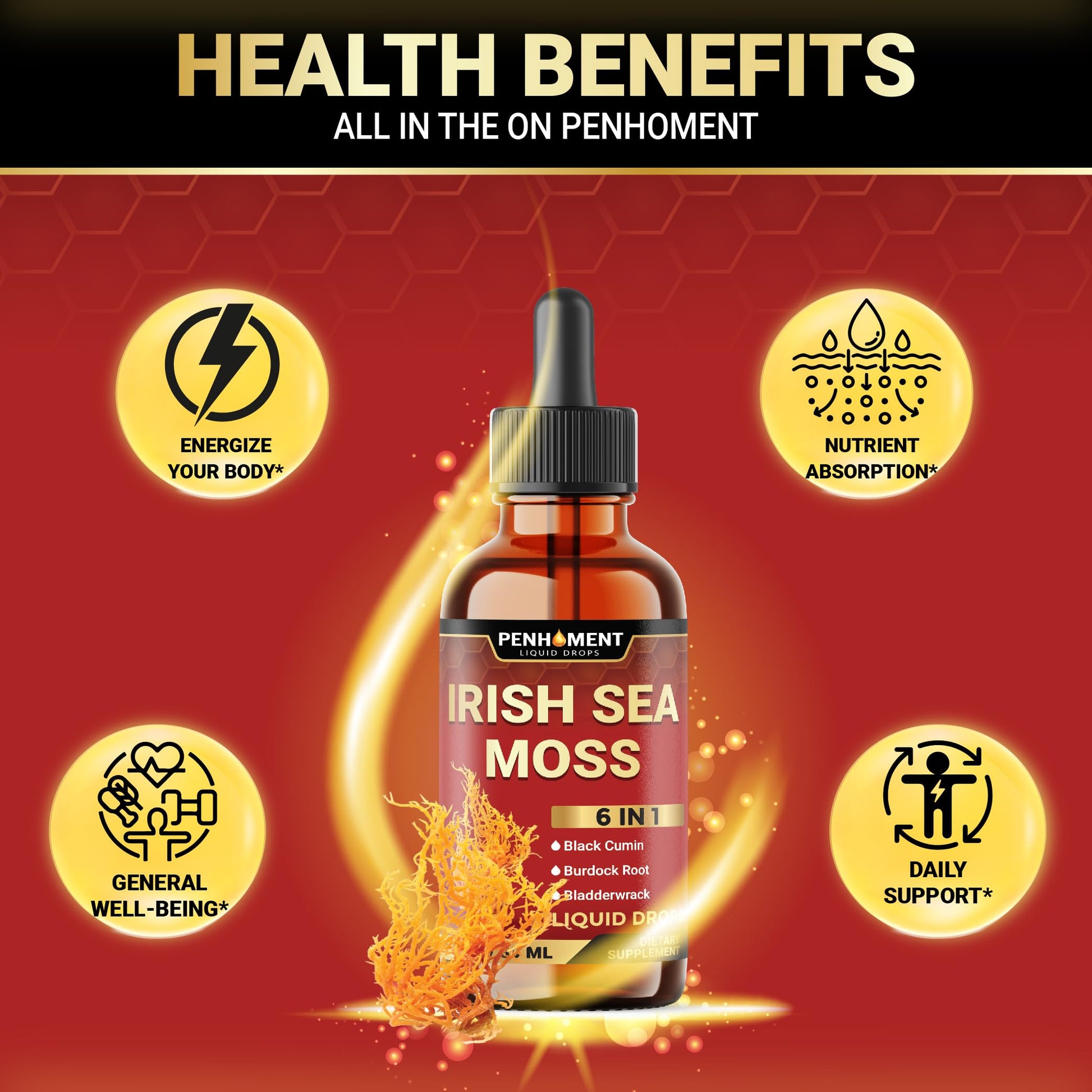 Penhoment 6in1 Sea Moss Drops with Black Seed Oil Irish Seamoss, Ashwagandha, Burdock Root & Bladderwrack - 1FL Oz - 30 Day Supply Penhoment uk supplements