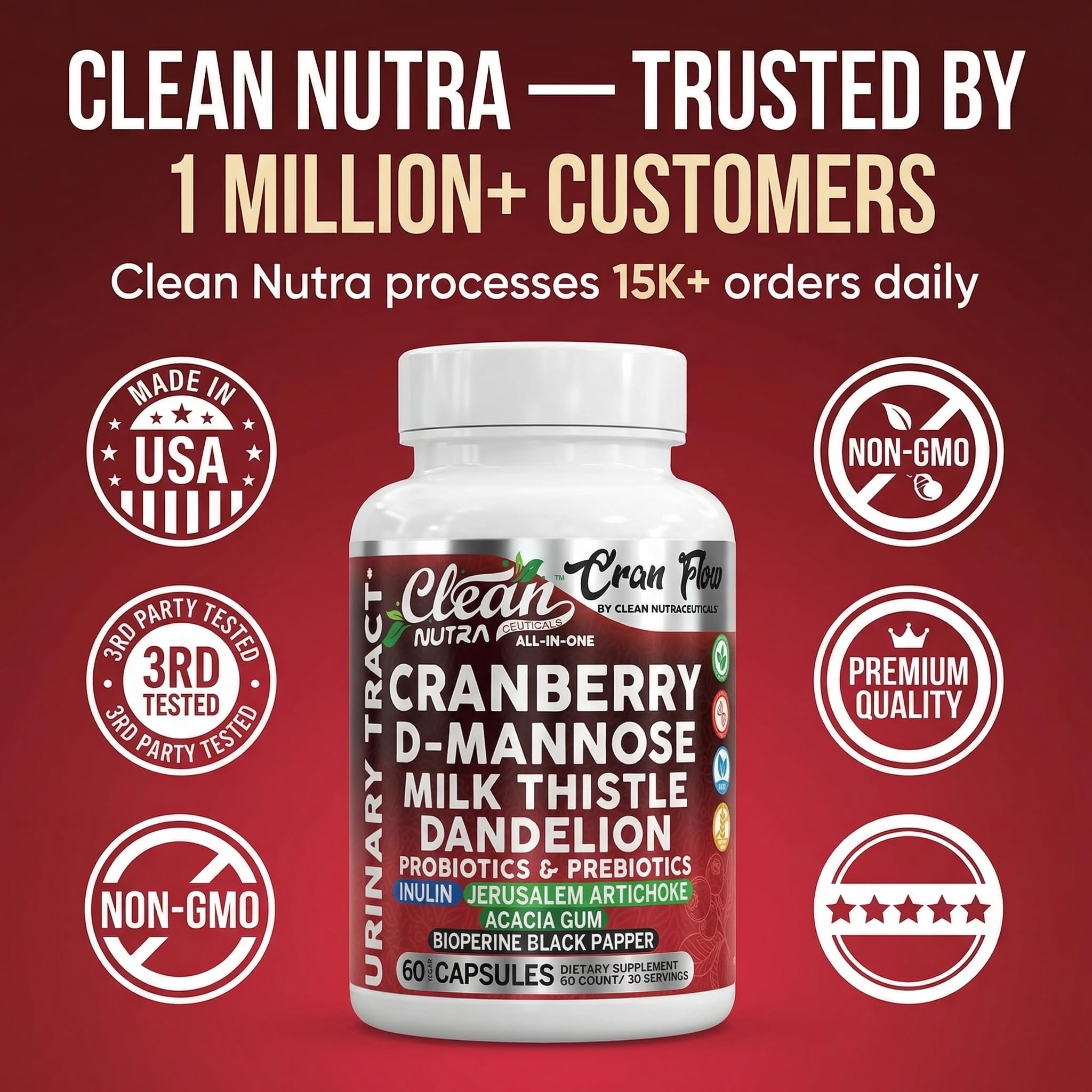 Cran Flow Cranberry Pills for Urinary Health D-Mannose Milk Thistle Dandelion Inulin Vitamin C Prebiotics and Probiotics Bladder Support By Clean Nutra Clean Nutraceuticals uk supplements
