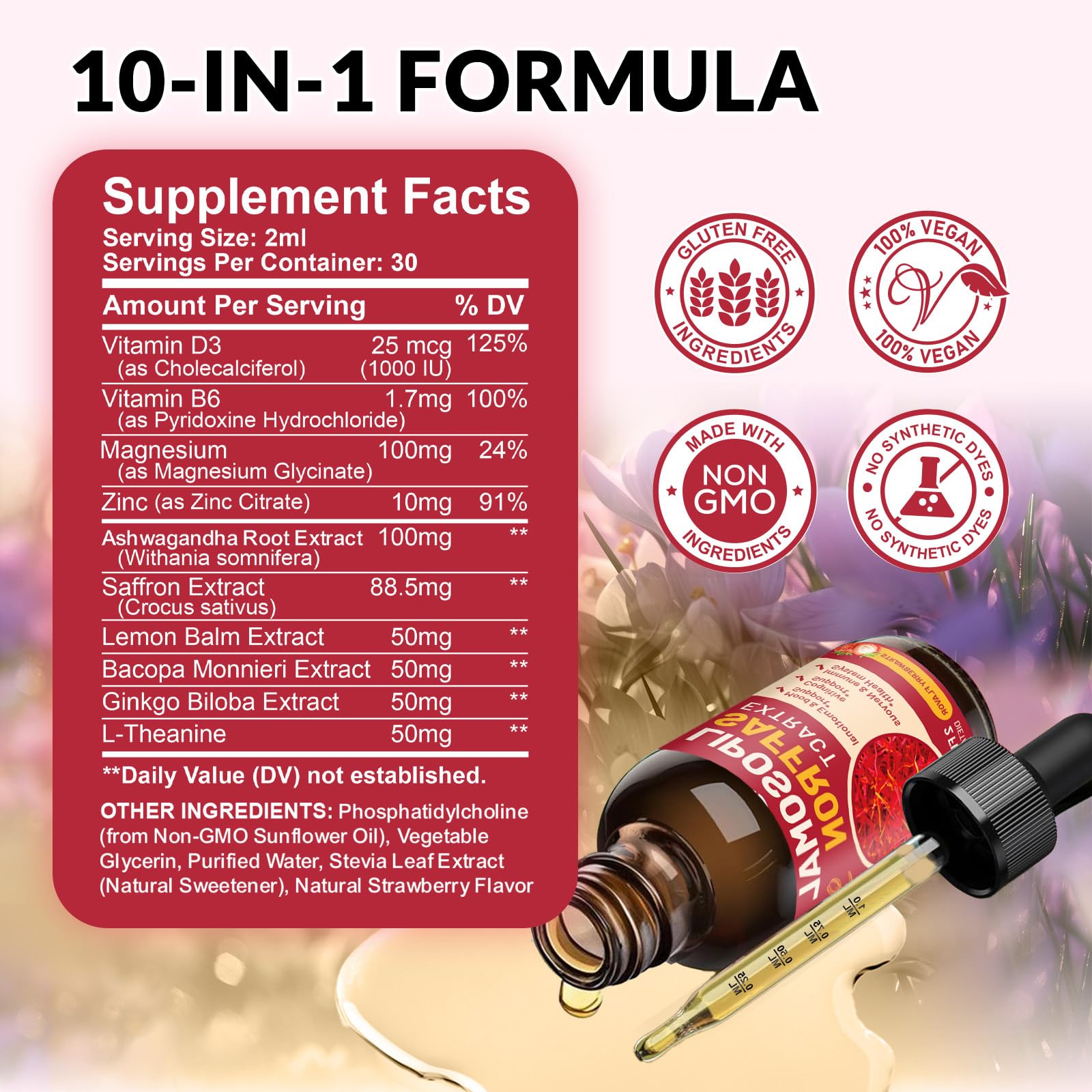 Saffron Supplements - 88.5mg Saffron Extract Liposomal Liquid Drops with Magnesium, Zinc, Ashwagandha, L-Theanine, Vitamin B6, D3 for Antioxidant Mood Energy Vision & Focus, Strawberry Flavor 2 Fl Oz ReviNutra uk supplements